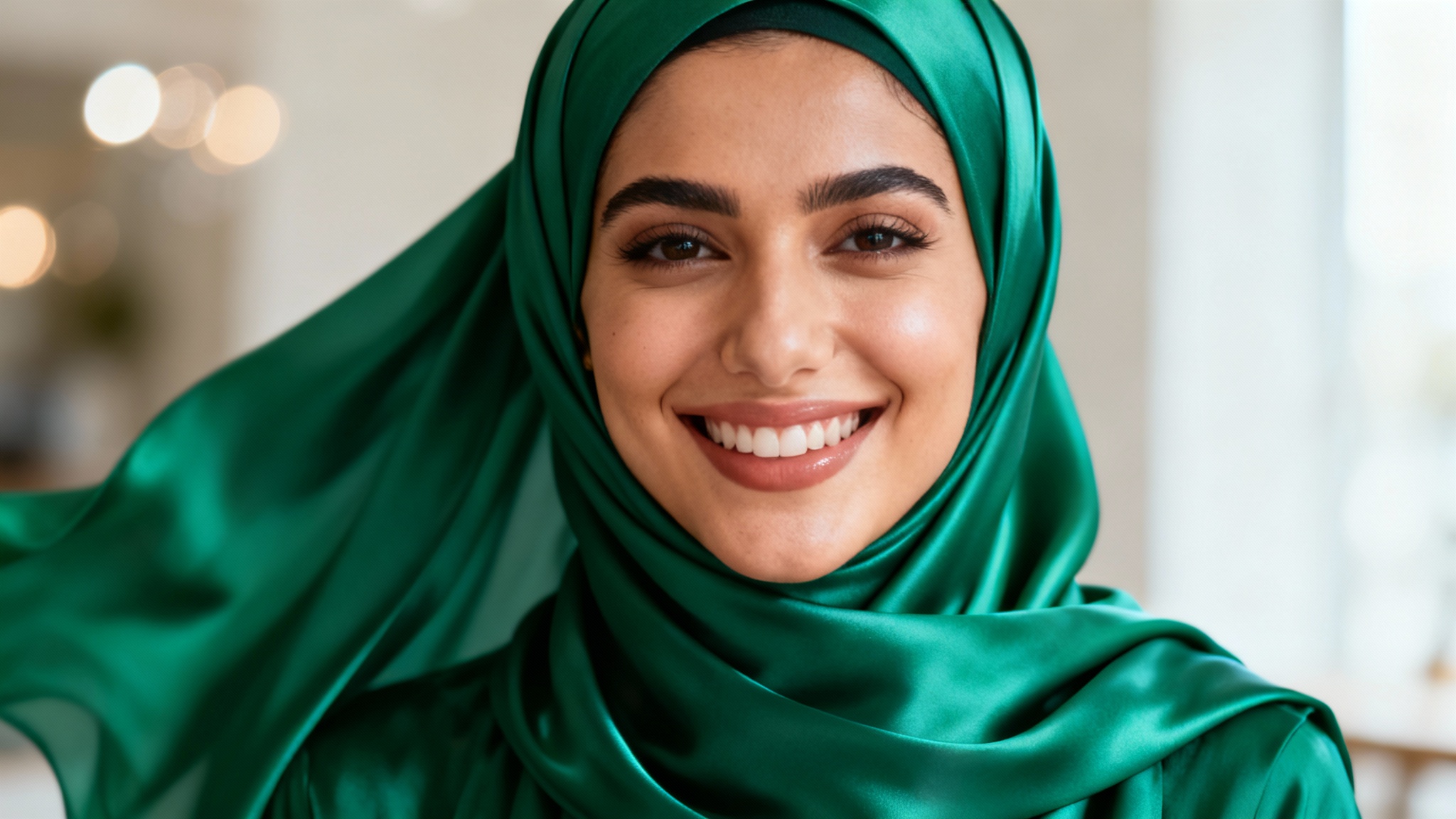 A professional portrait of a smiling woman wearing a beautiful, elegant emerald green hijab, representing the final result from a hijab photo editor.