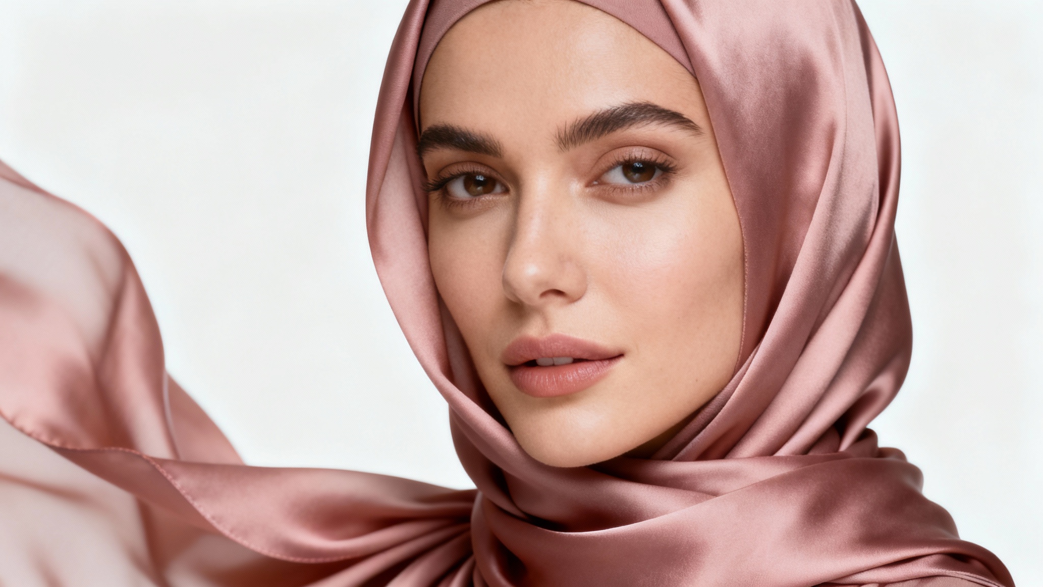 A close-up, high-fashion portrait of a woman wearing an elegant dusty rose silk hijab against a plain white background, showcasing a serene and empowered look.