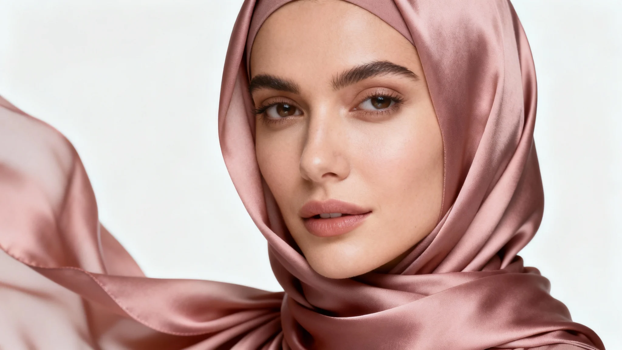 A close-up, high-fashion portrait of a woman wearing an elegant dusty rose silk hijab against a plain white background, showcasing a serene and empowered look.