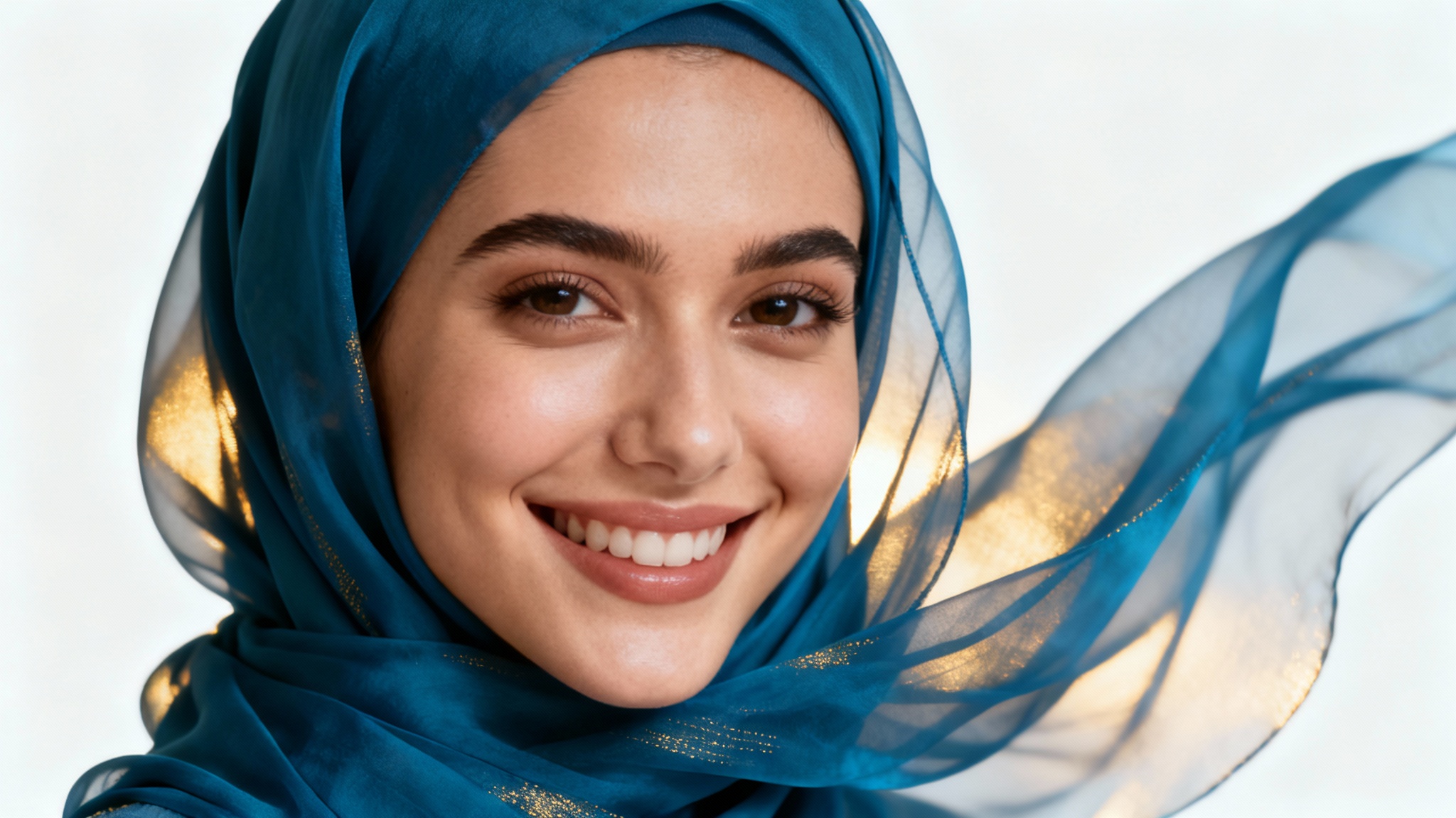 A photorealistic studio portrait of a smiling woman wearing a modern and elegant sapphire blue hijab against a solid white background.