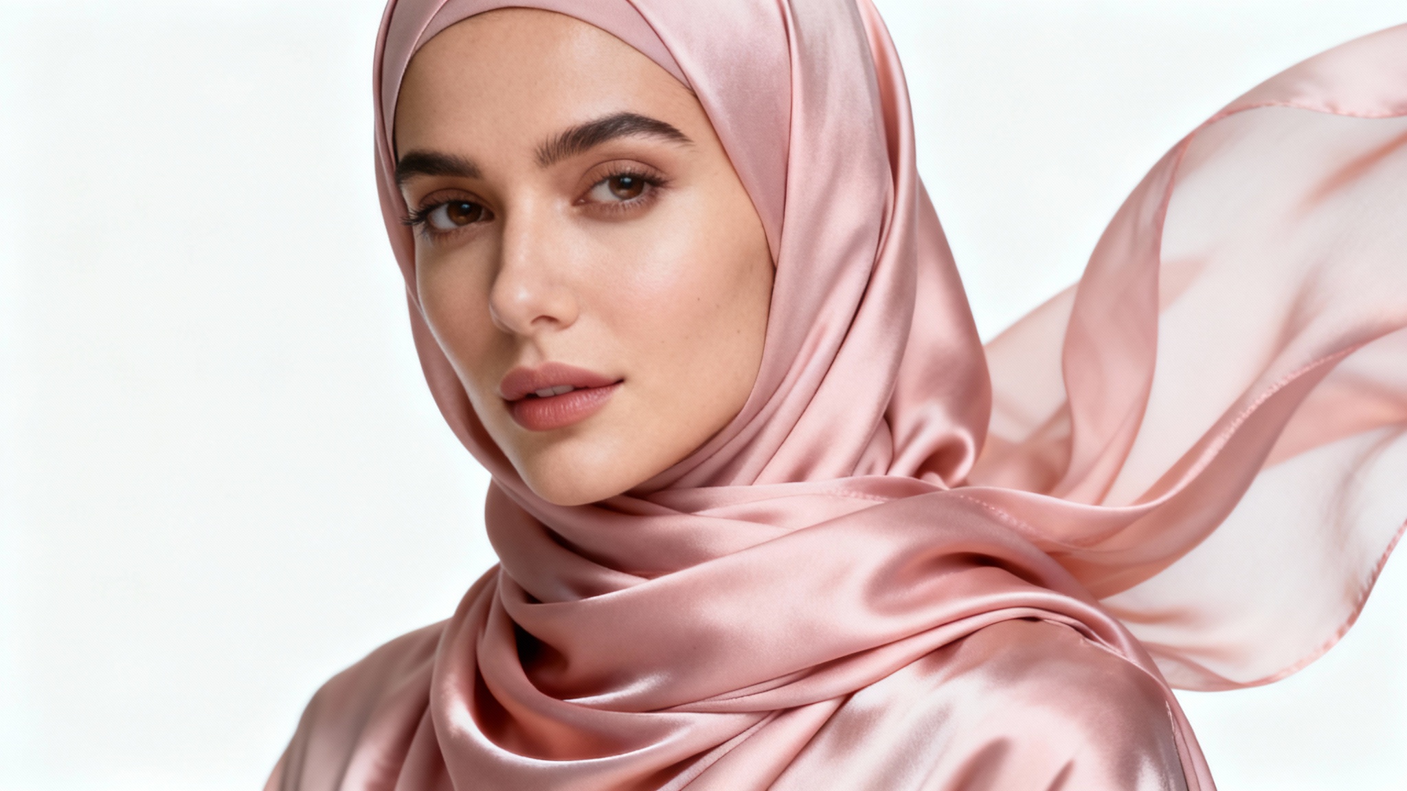 A high-fashion studio portrait of a woman wearing an elegant, perfectly draped blush pink silk hijab against a clean white background.
