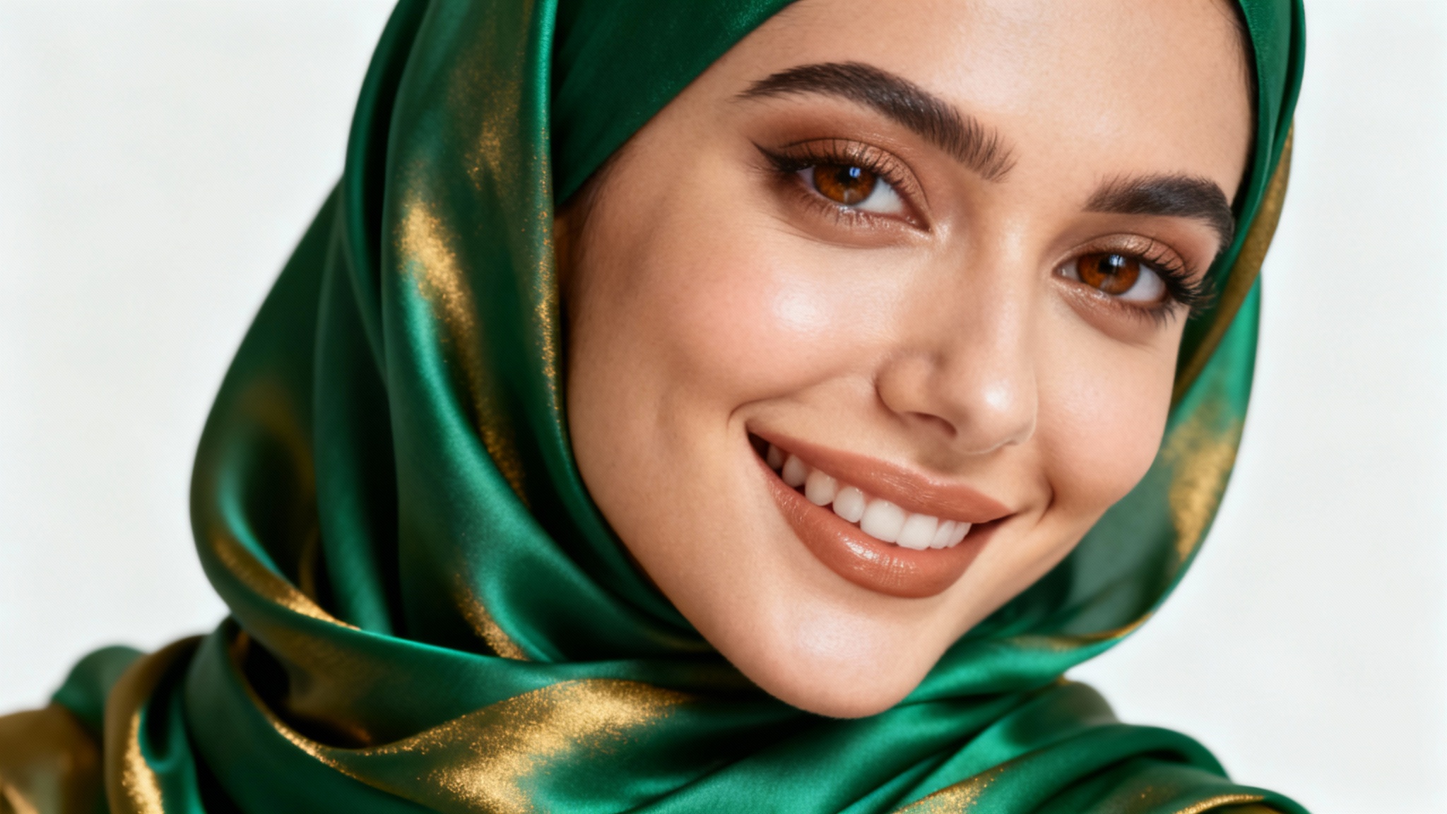 A studio portrait of a smiling woman wearing an elegant, green silk hijab against a white background.