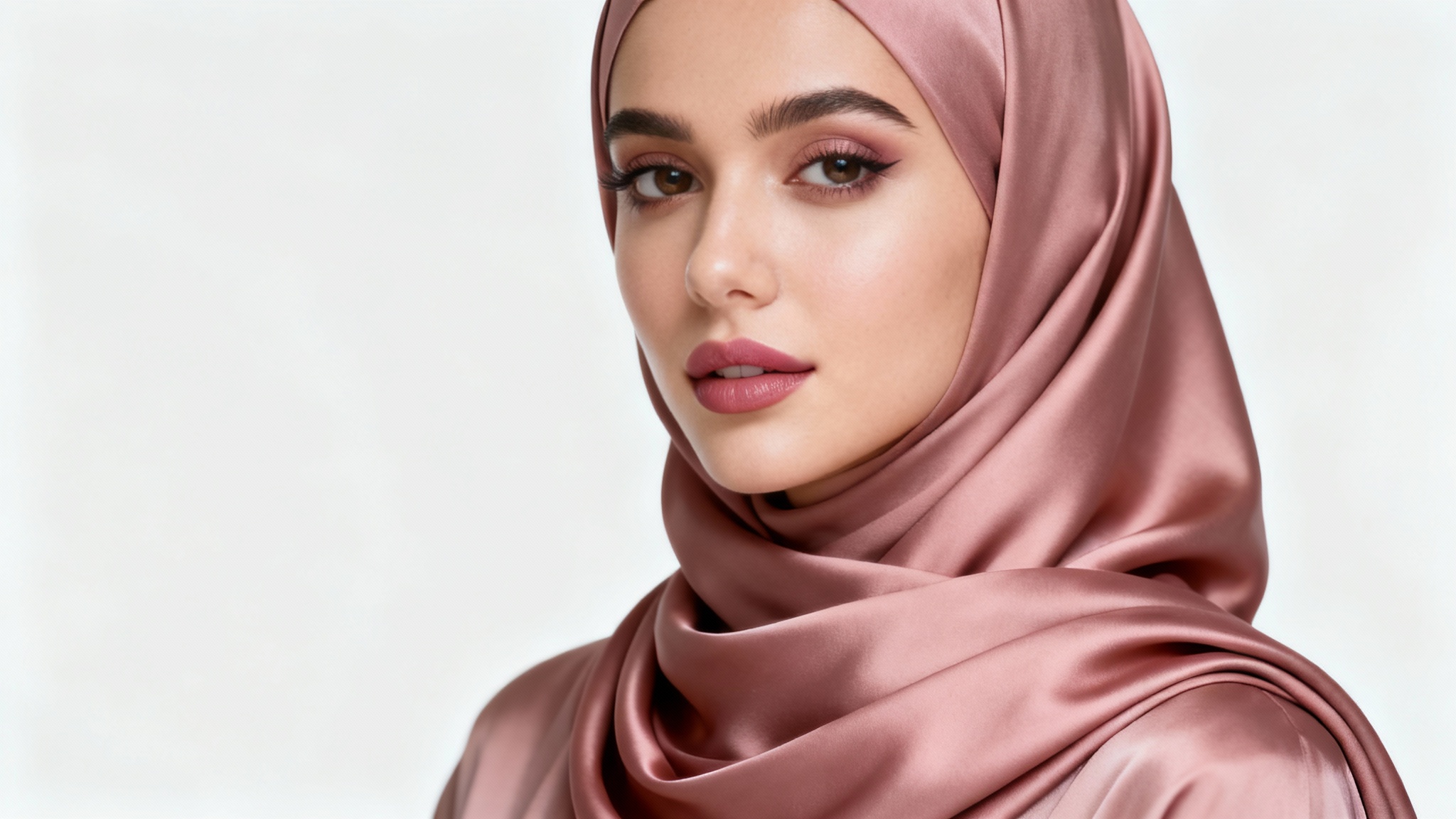 A high-quality studio portrait of a serene woman wearing a beautiful, soft pink silk hijab against a clean white background.