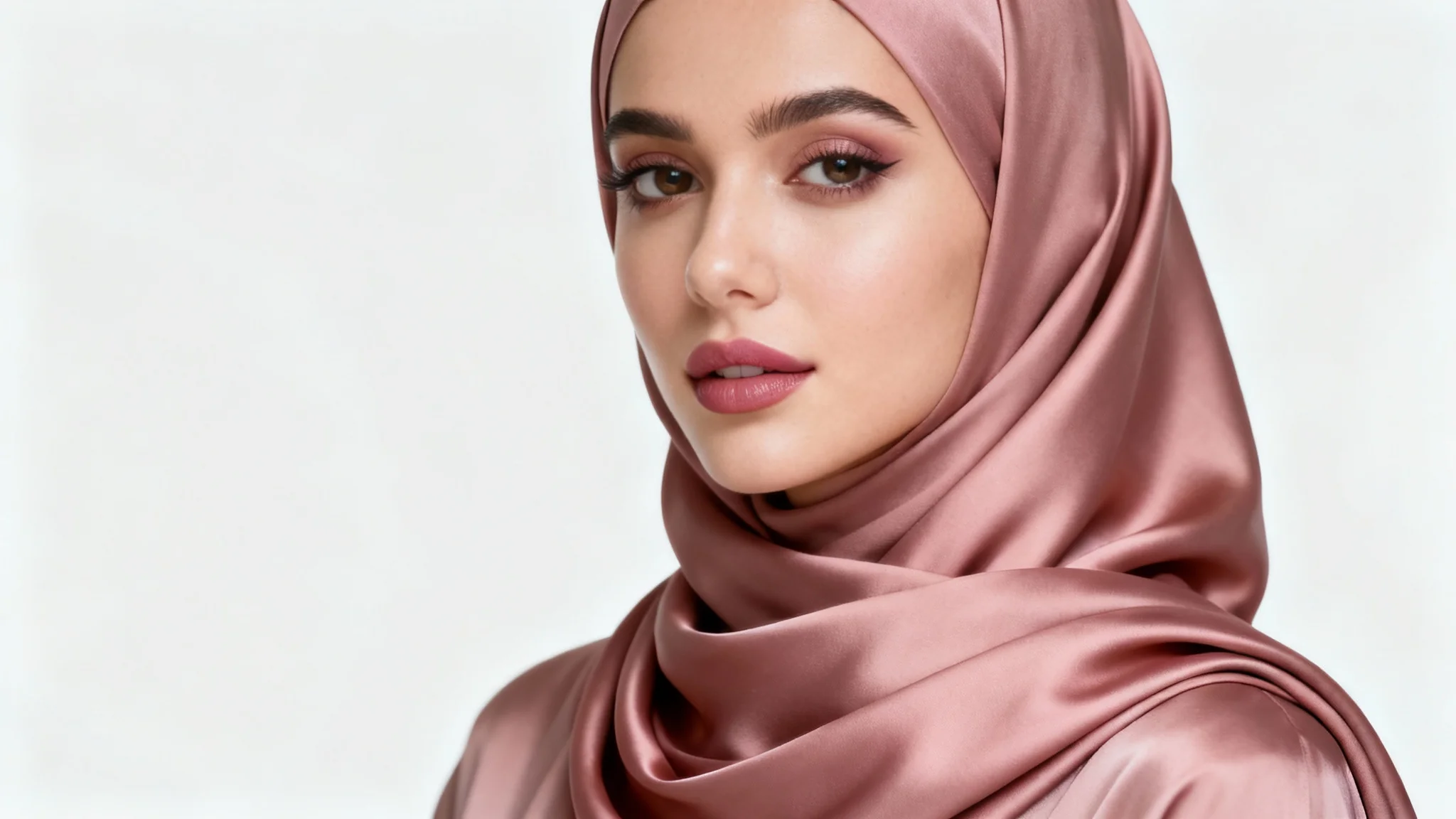A high-quality studio portrait of a serene woman wearing a beautiful, soft pink silk hijab against a clean white background.