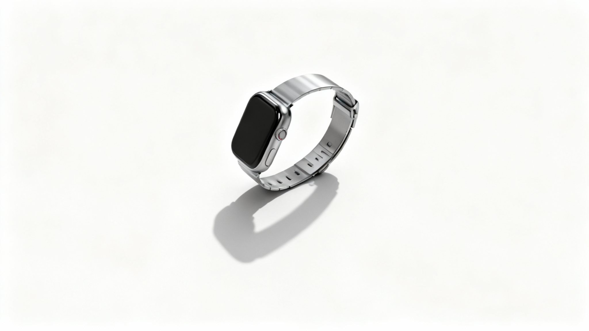 A professional product photo of a sleek, modern smartwatch on a clean white background, casting a soft and realistic shadow that gives it depth.