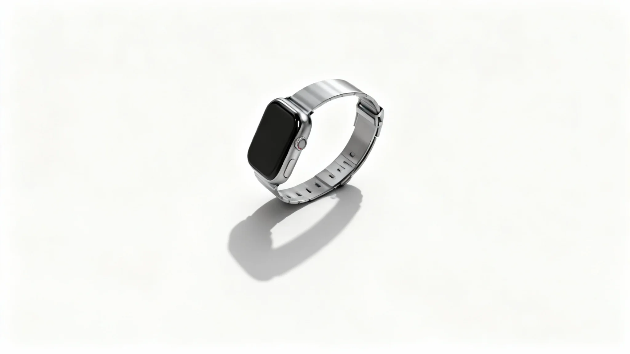 A professional product photo of a sleek, modern smartwatch on a clean white background, casting a soft and realistic shadow that gives it depth.