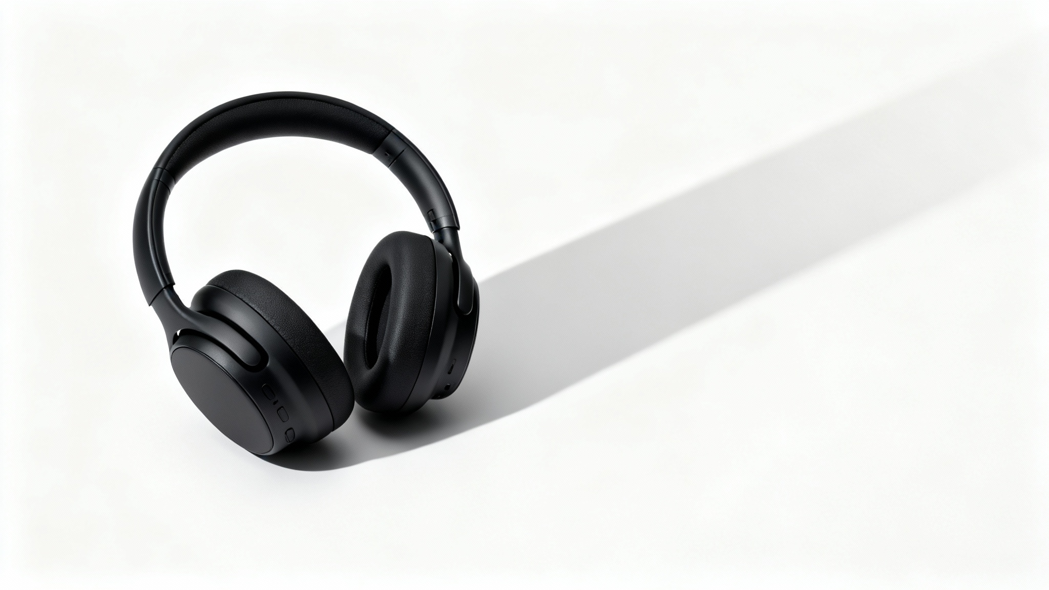 A photorealistic image of a sleek black headphone on a white background, casting a soft, realistic shadow to demonstrate the product shadow effect.
