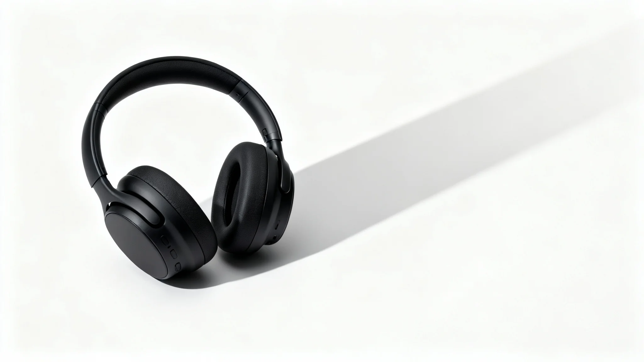 A photorealistic image of a sleek black headphone on a white background, casting a soft, realistic shadow to demonstrate the product shadow effect.