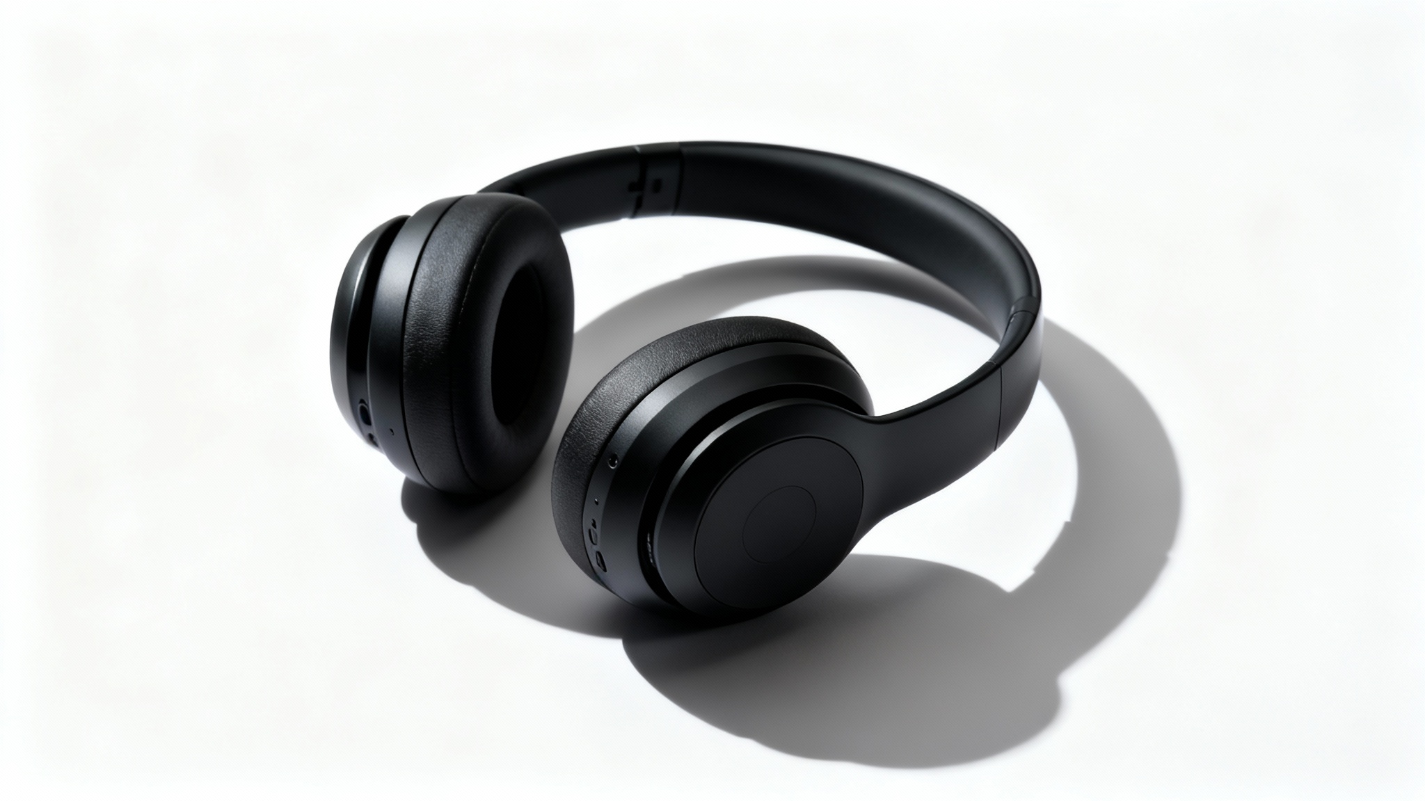 A photorealistic image of a modern black headphone on a white background, casting a soft, realistic shadow to demonstrate the product shadow effect.