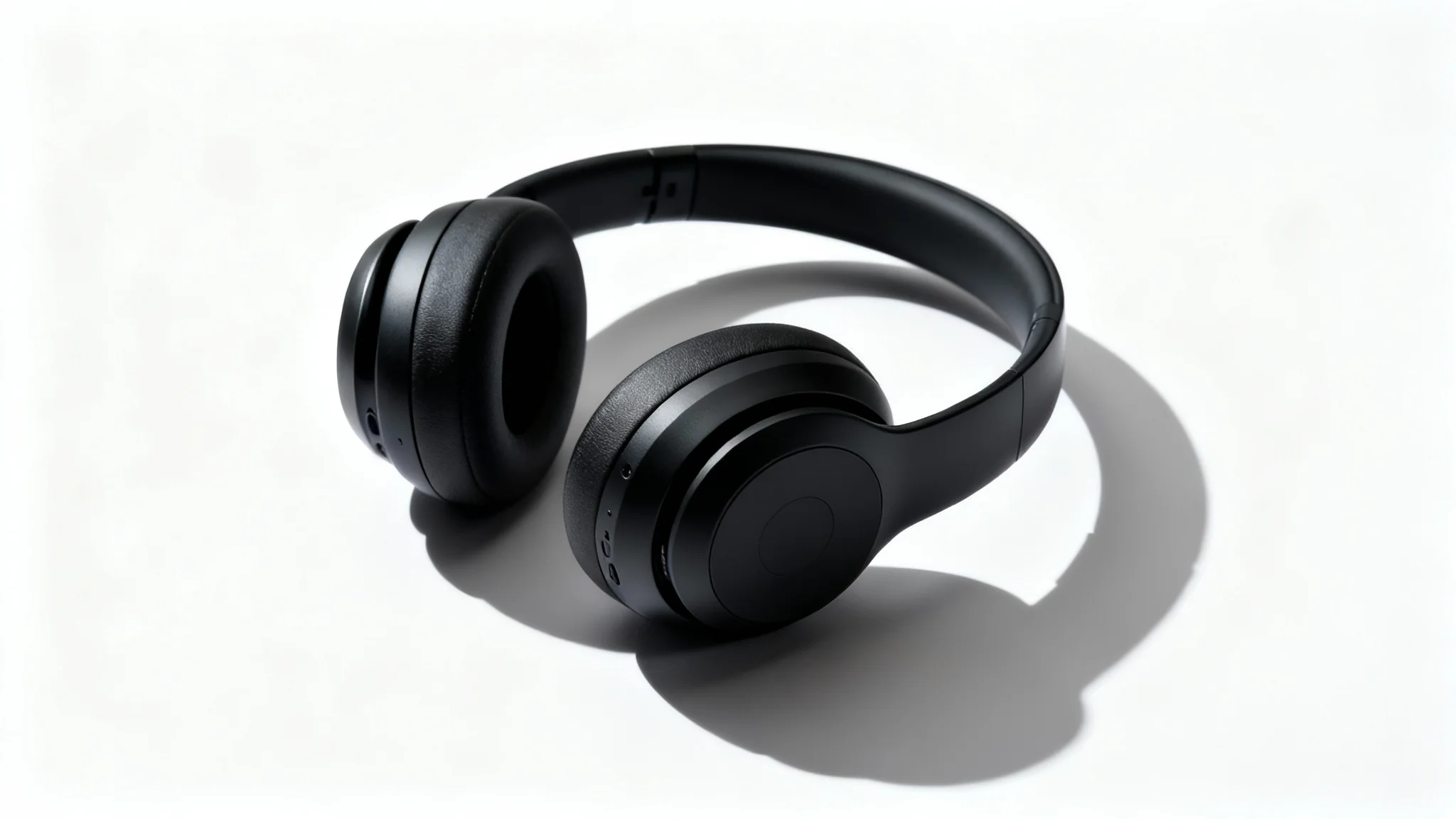 A photorealistic image of a modern black headphone on a white background, casting a soft, realistic shadow to demonstrate the product shadow effect.