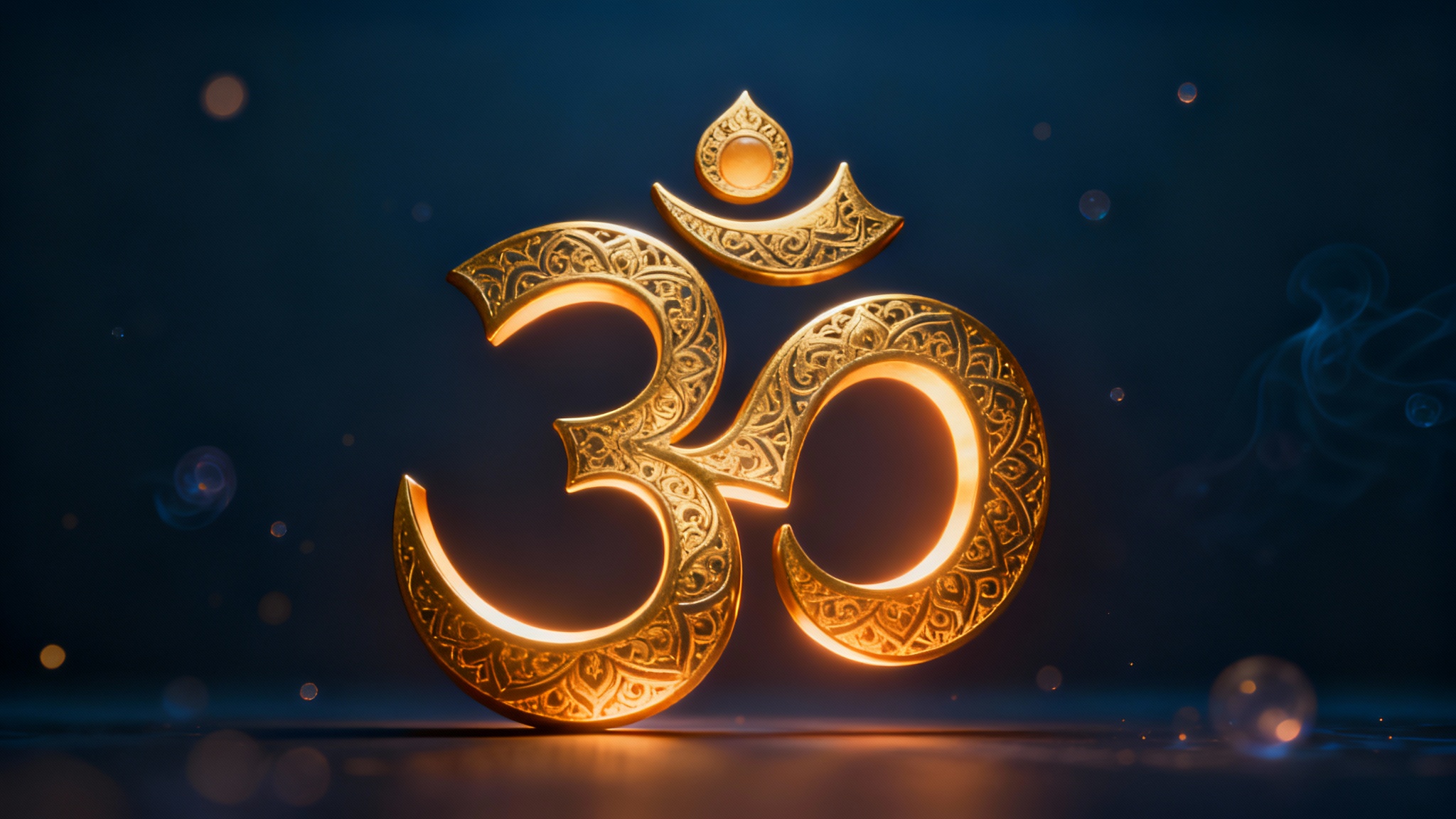 A beautifully rendered golden Om symbol glowing softly against a dark, serene background, representing spirituality and peace.