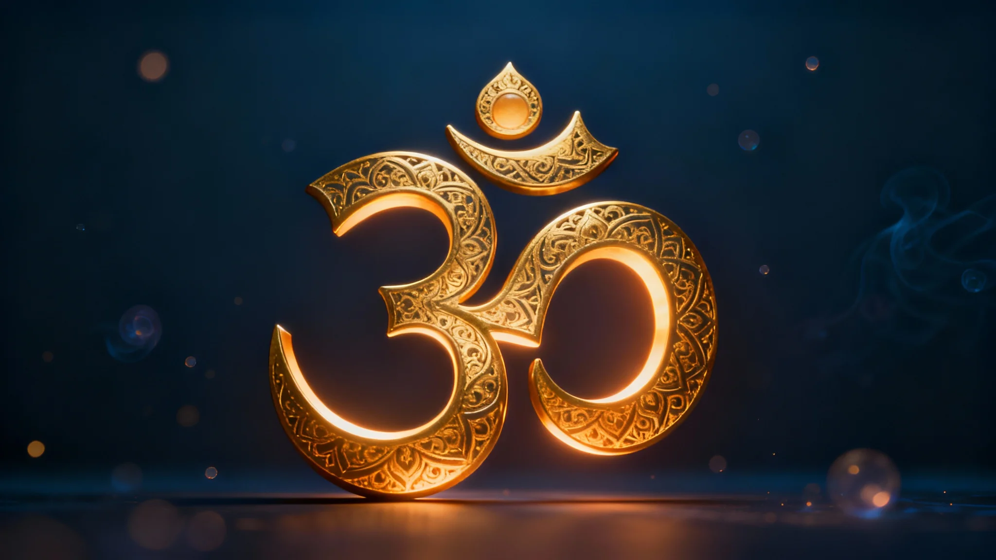 A beautifully rendered golden Om symbol glowing softly against a dark, serene background, representing spirituality and peace.