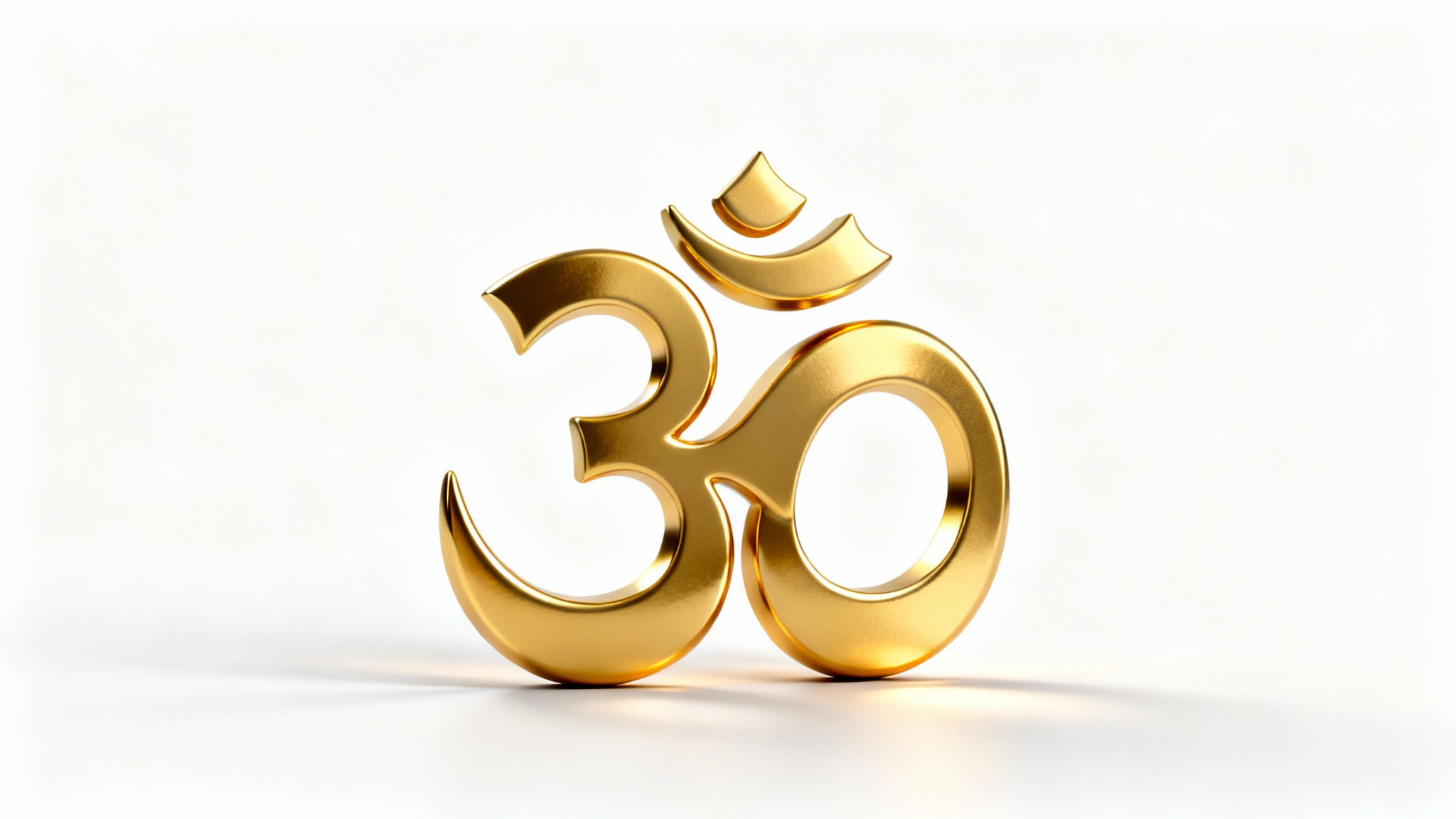 A beautifully rendered 3D golden Om symbol, centered and casting a soft shadow on a plain white background, symbolizing peace and spirituality.