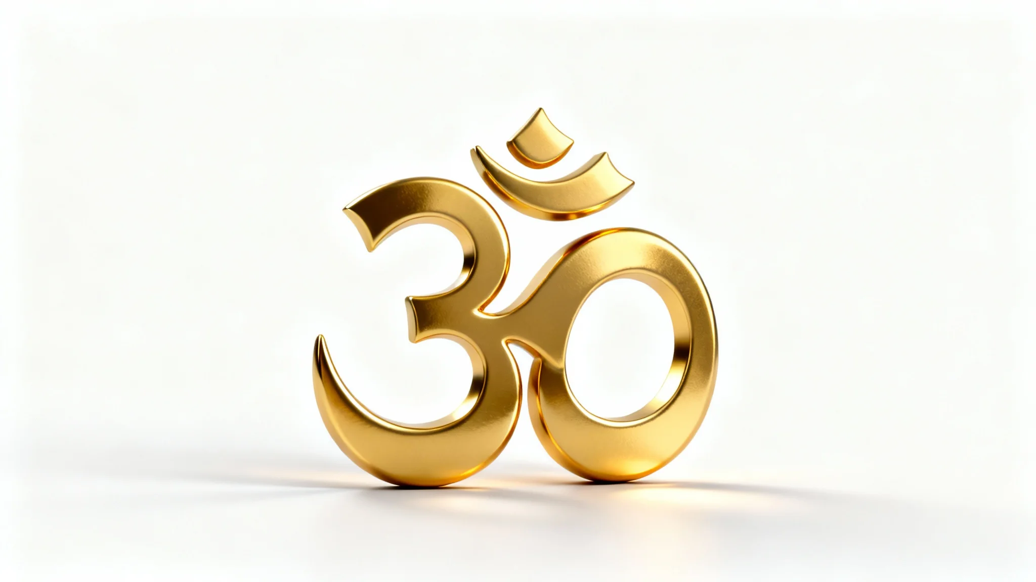 A beautifully rendered 3D golden Om symbol, centered and casting a soft shadow on a plain white background, symbolizing peace and spirituality.