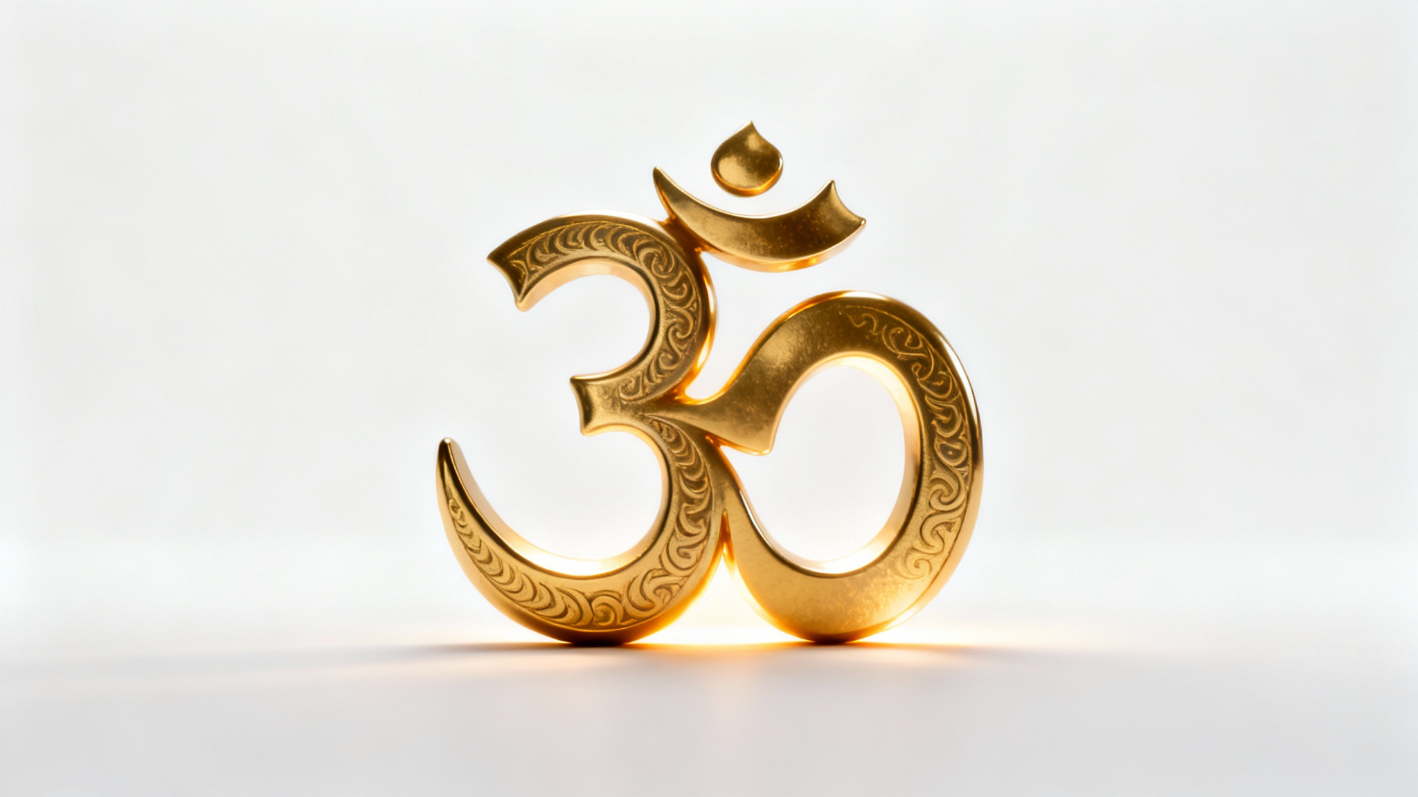 A close-up, photorealistic image of a golden Om symbol, glowing softly and centered against a pure white background, evoking a sense of peace and spirituality.
