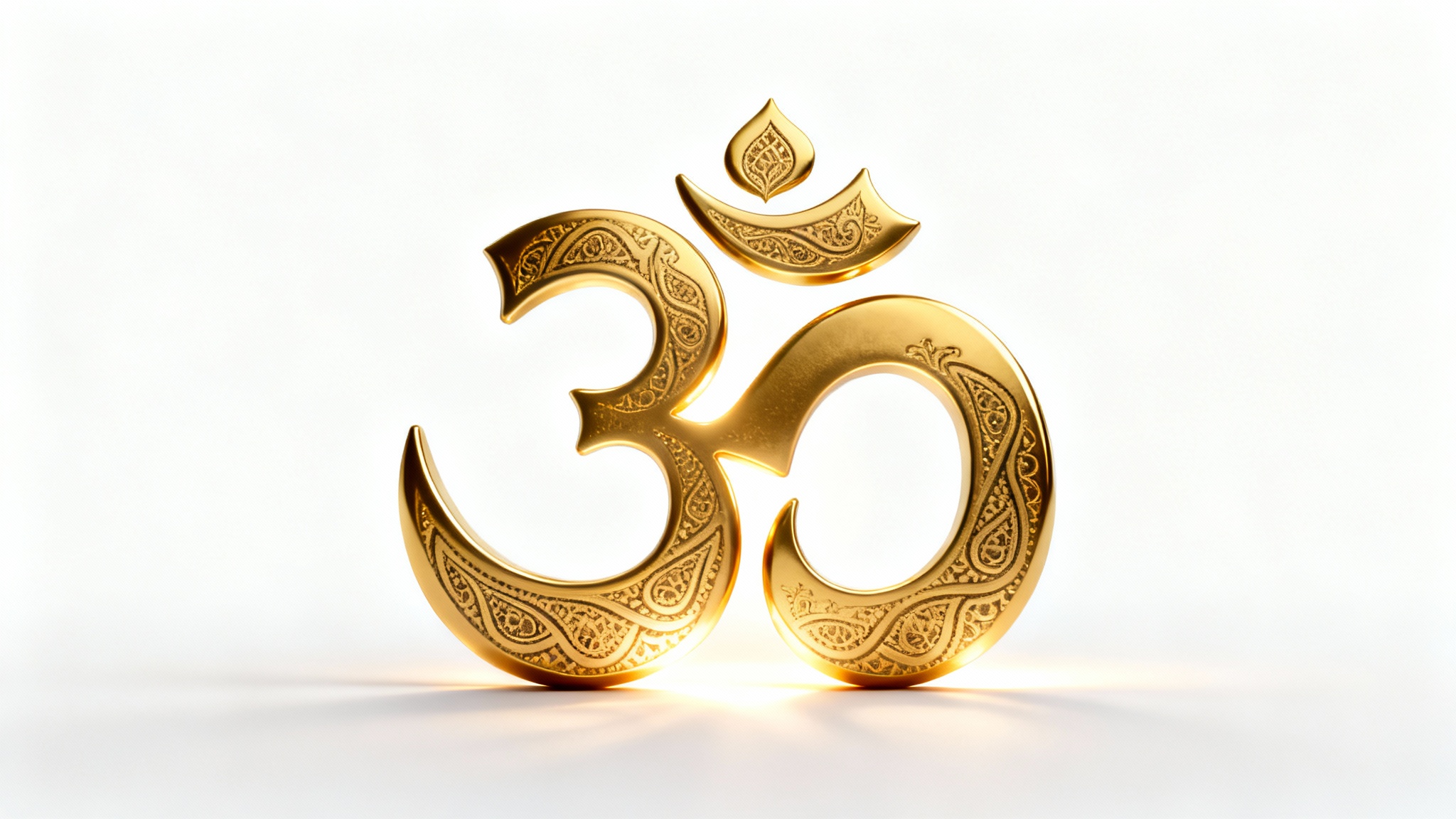 A beautifully rendered 3D golden Om symbol, glowing with an inner light, set against a clean white background, evoking a sense of peace and spirituality.