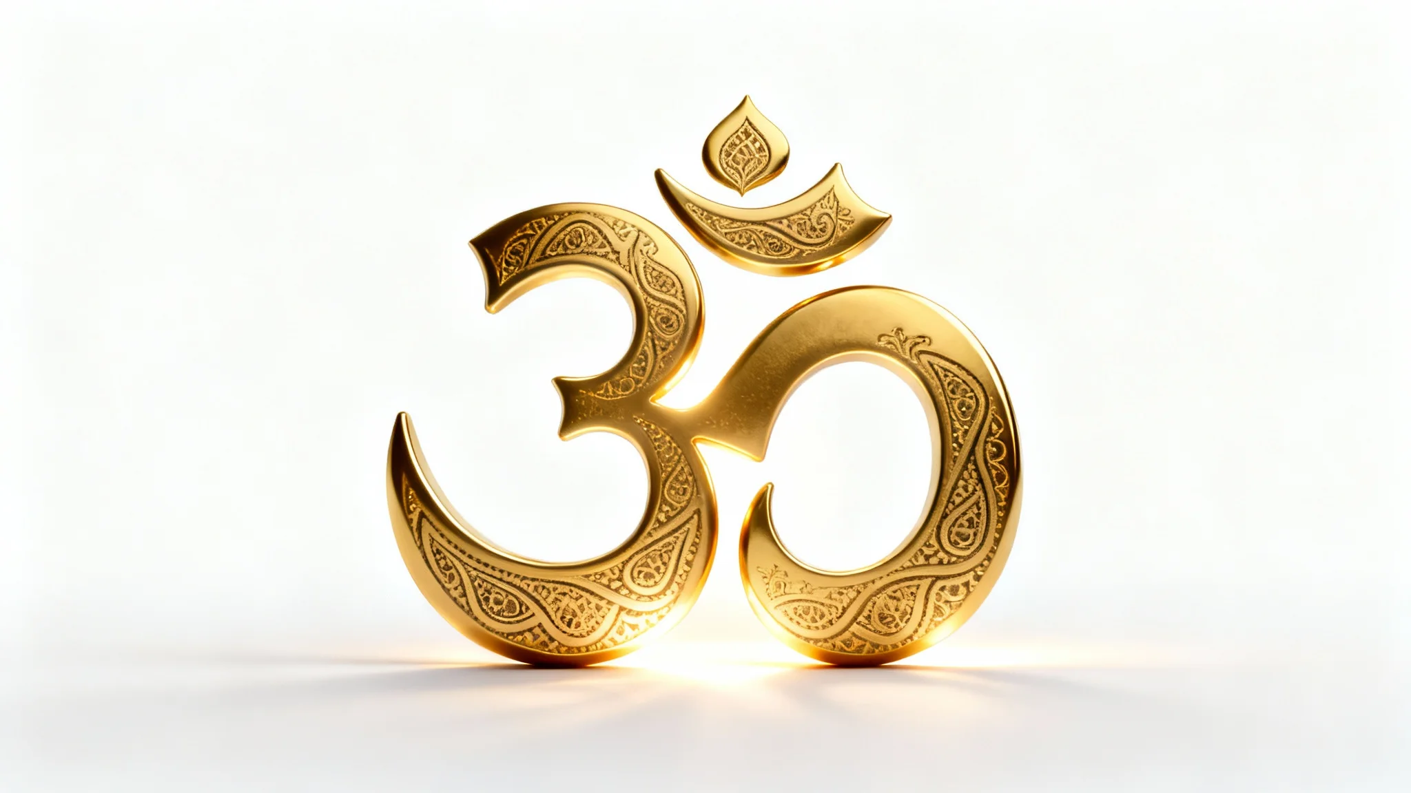 A beautifully rendered 3D golden Om symbol, glowing with an inner light, set against a clean white background, evoking a sense of peace and spirituality.