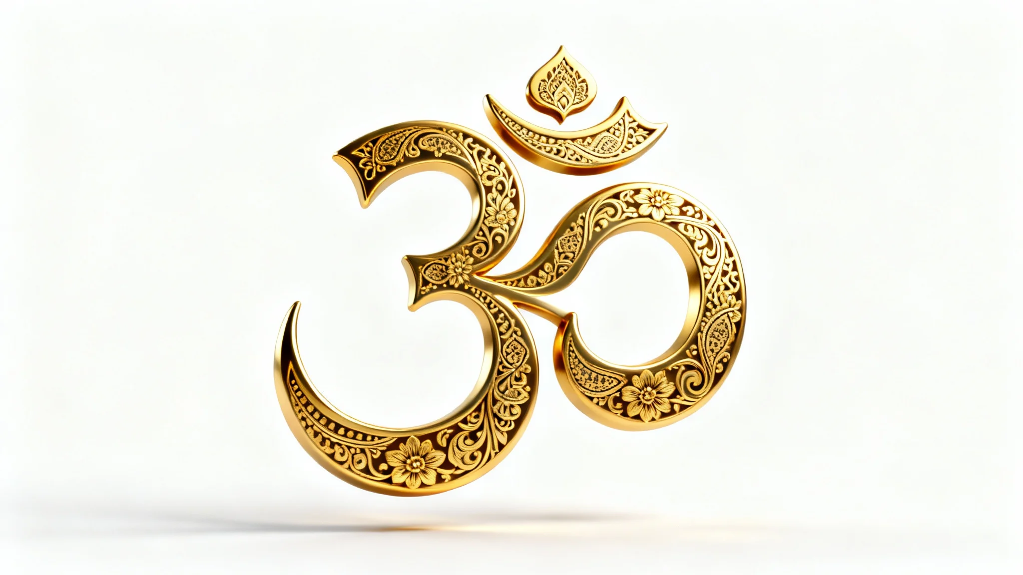An elegant, gold Om symbol with intricate floral patterns, centered on a clean white background, creating a sense of peace and spirituality.