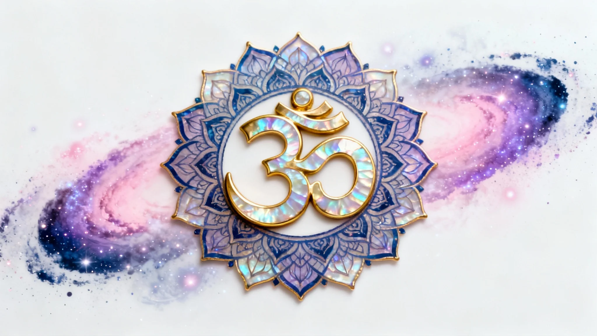 An ornate, golden Om symbol at the center of a vibrant, intricate mandala with lotus and cosmic patterns, set against a clean white background, evoking a sense of peace and spirituality.