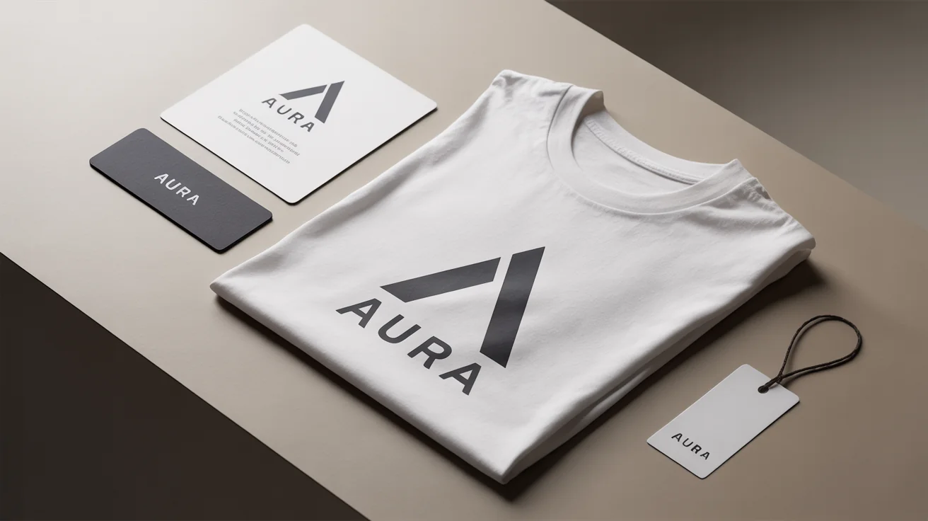 A professional flat lay of a minimalist clothing brand's identity, showing a t-shirt, hang tag, and business card with a sleek logo and the name 'AURA'.