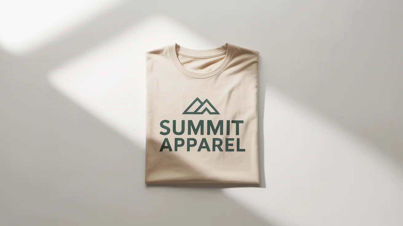 A minimalist product mockup showing a cream-colored t-shirt with the logo 'SUMMIT APPAREL' laid flat on a white background.