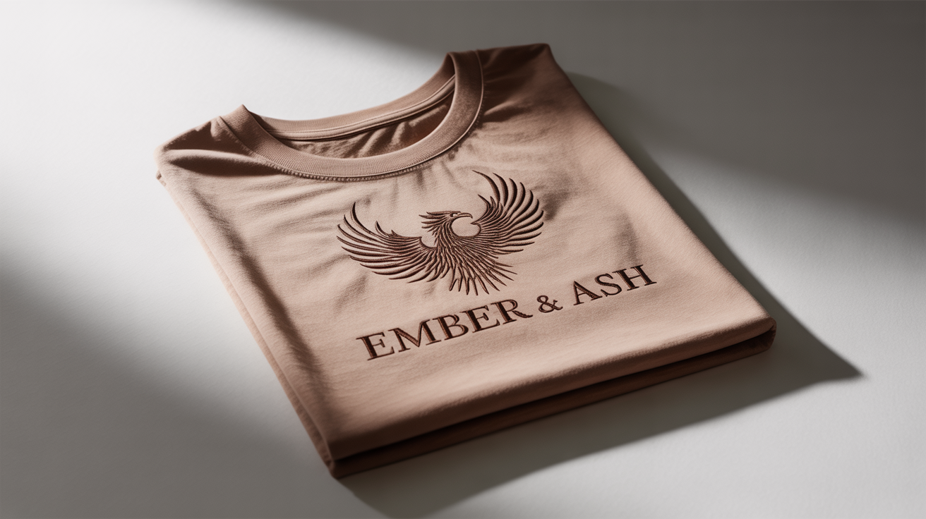 A close-up mockup of a beige t-shirt featuring a high-quality embroidered logo of a phoenix and the brand name 'Ember & Ash', set against a clean white background.