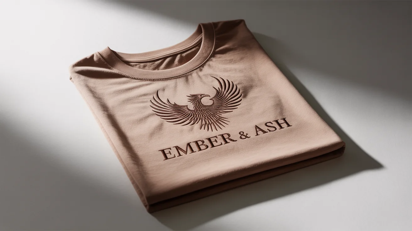 A close-up mockup of a beige t-shirt featuring a high-quality embroidered logo of a phoenix and the brand name 'Ember & Ash', set against a clean white background.