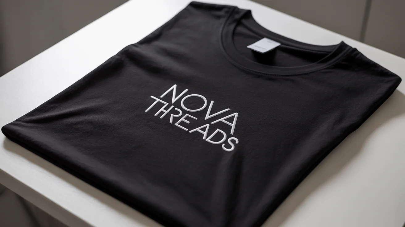 A high-quality product mockup of a folded black t-shirt with the minimalist brand logo "NOVA THREADS" in white on the chest, set against a clean white background.