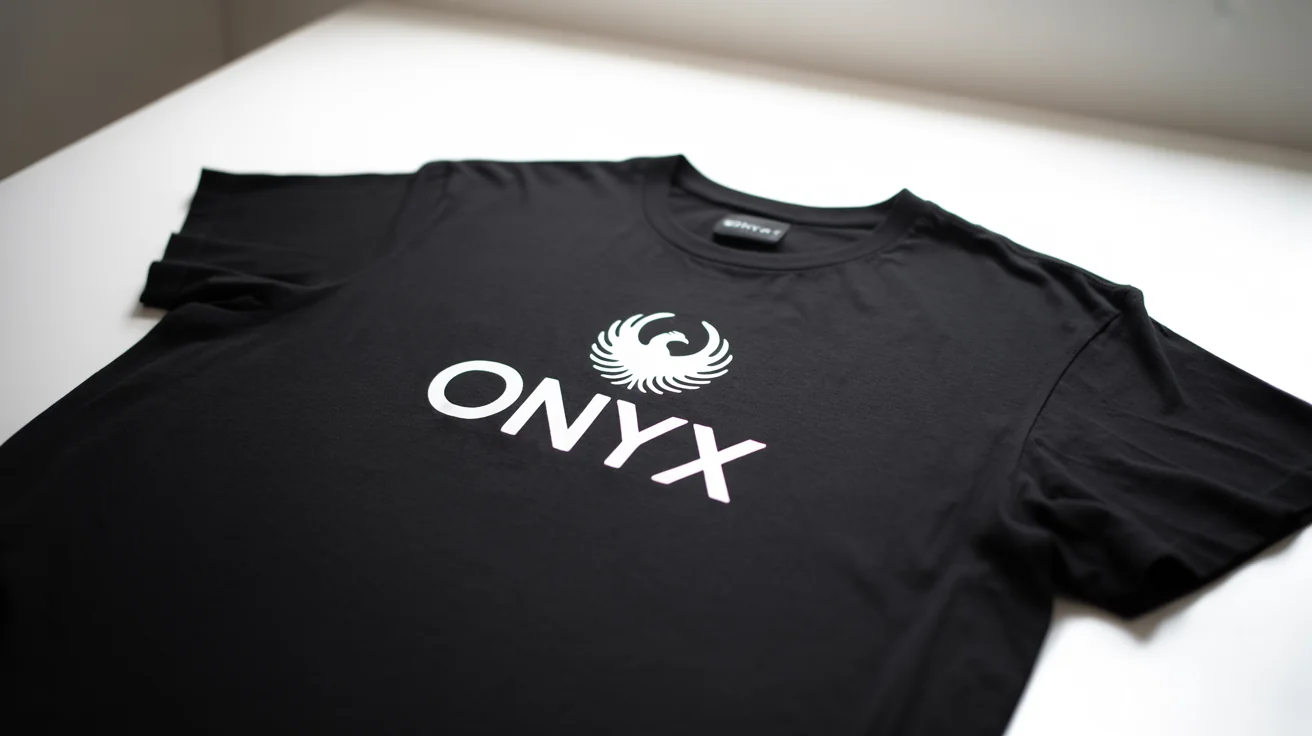A professional product photo of a black t-shirt with a white minimalist logo for a fictional clothing brand named 'ONYX' printed on the chest, set against a plain white background.