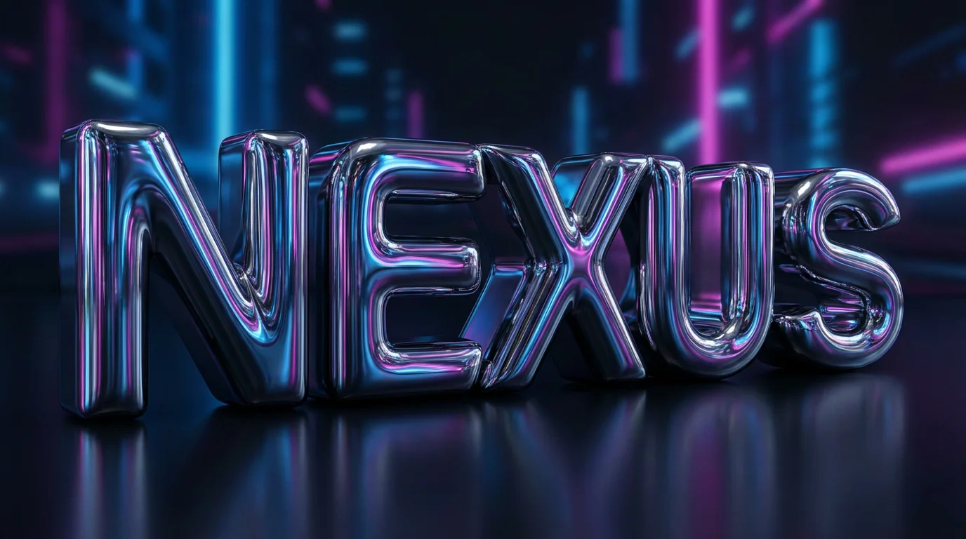 A hyperrealistic 3D chrome logo of the word 'NEXUS' with dramatic lighting and reflections, set against a dark background.
