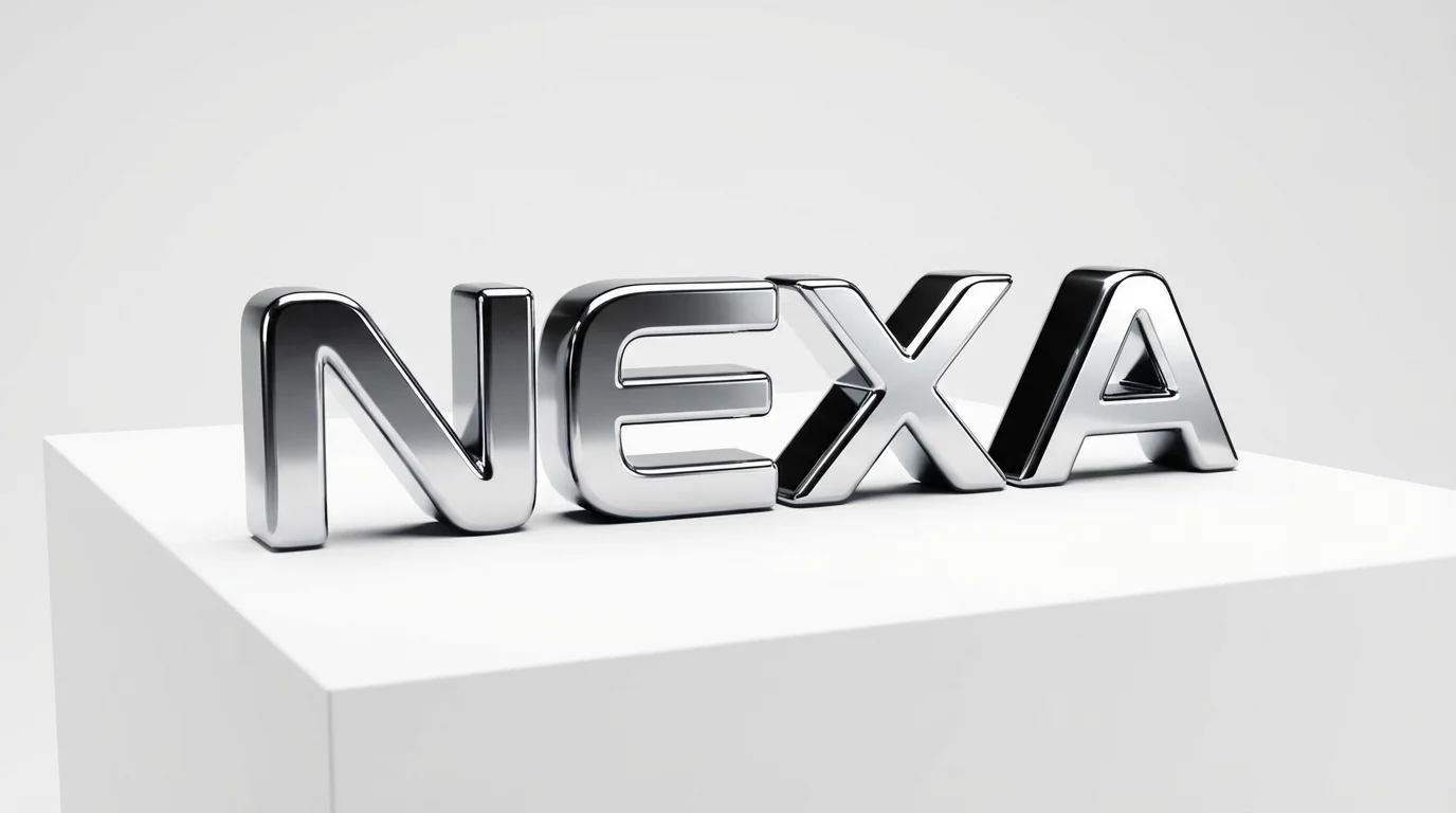 A photorealistic 3D logo of the word "NEXA" rendered in a highly polished chrome finish, set against a plain white background, casting a soft shadow.