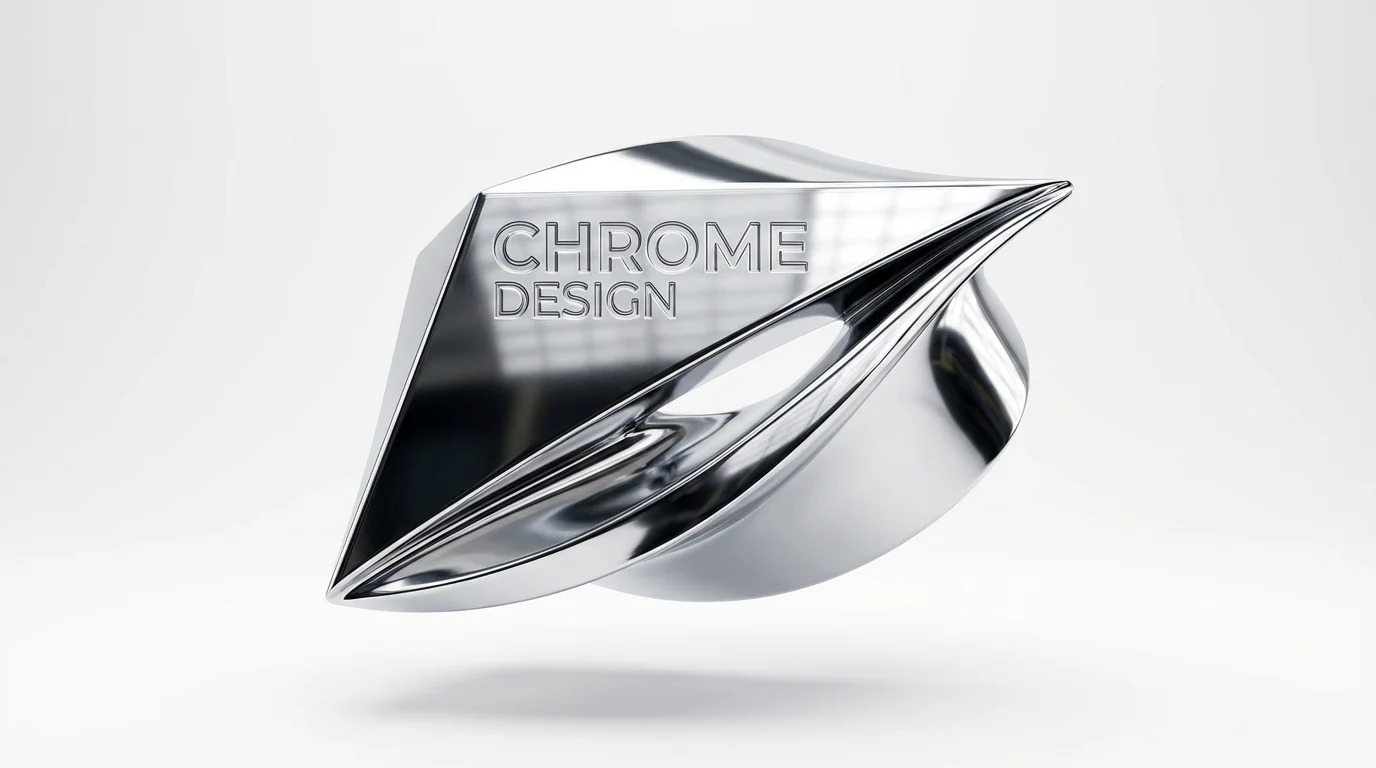 A hyper-realistic 3D mockup of a logo with a polished chrome finish. The abstract logo has the words 'CHROME DESIGN' embossed on it and is displayed against a plain white background.