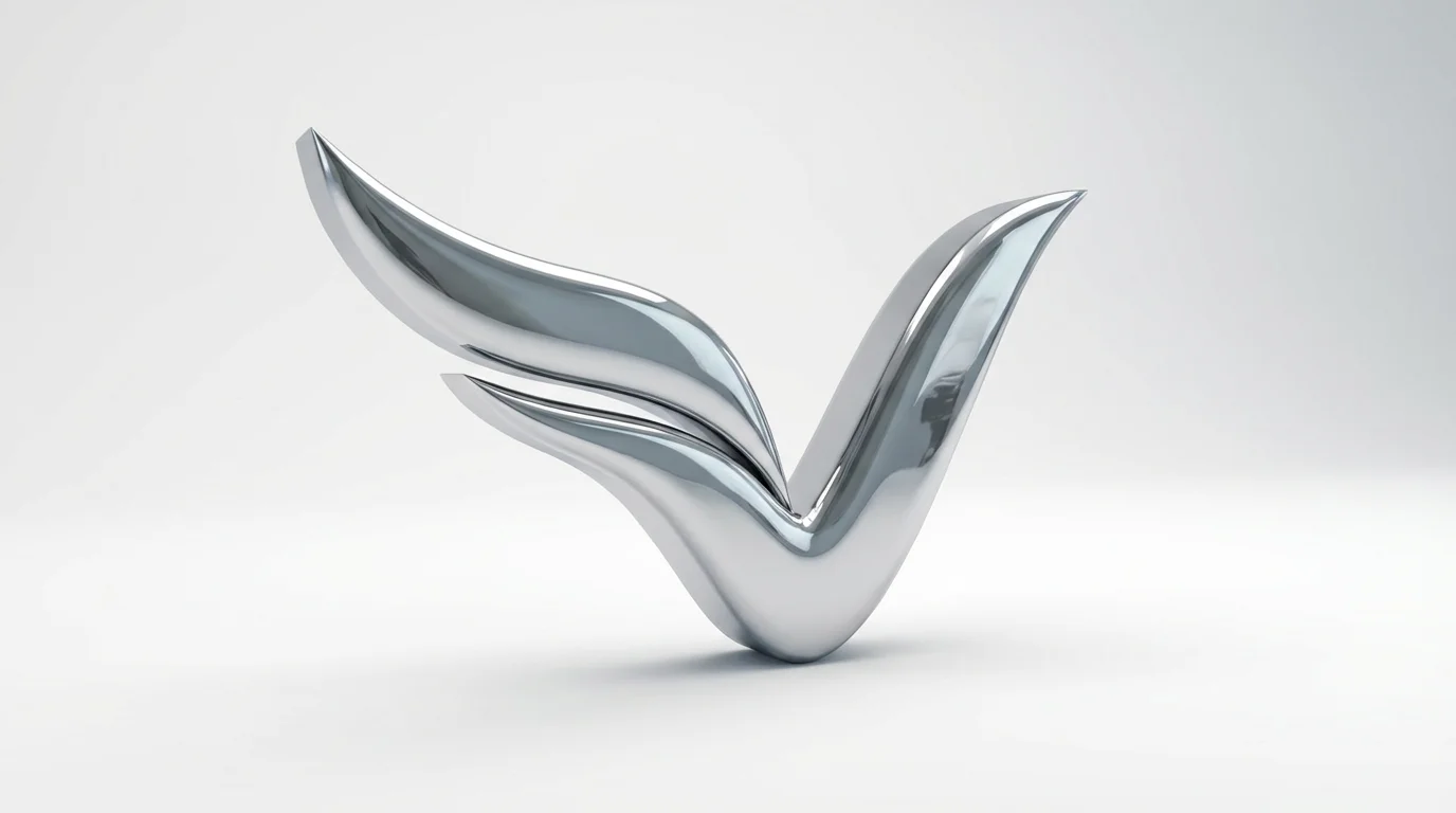 A hyper-realistic 3D rendering of a stylized letter 'V' logo made of polished chrome, set against a clean white background, showcasing its metallic sheen and depth.