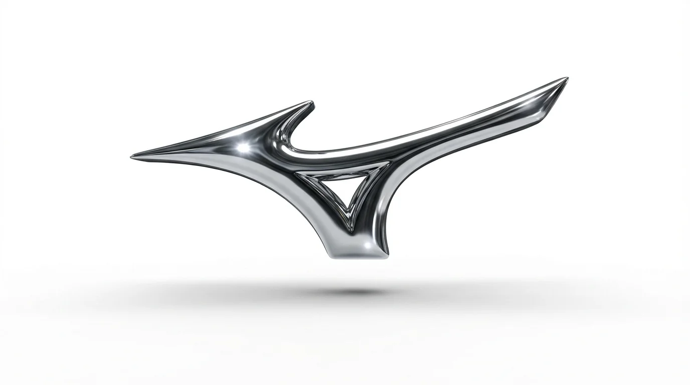 A photorealistic 3D logo made of highly polished chrome, shaped like a dynamic abstract emblem, set against a clean white background which emphasizes its metallic sheen and reflections.