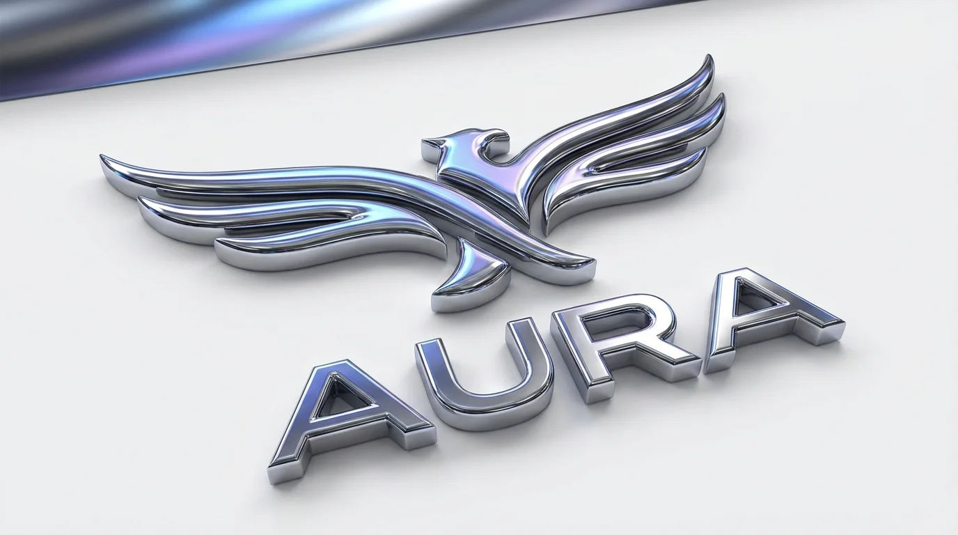 A photorealistic 3D logo with a polished chrome finish featuring a stylized eagle icon and the word 'AURA', set against a clean white background.