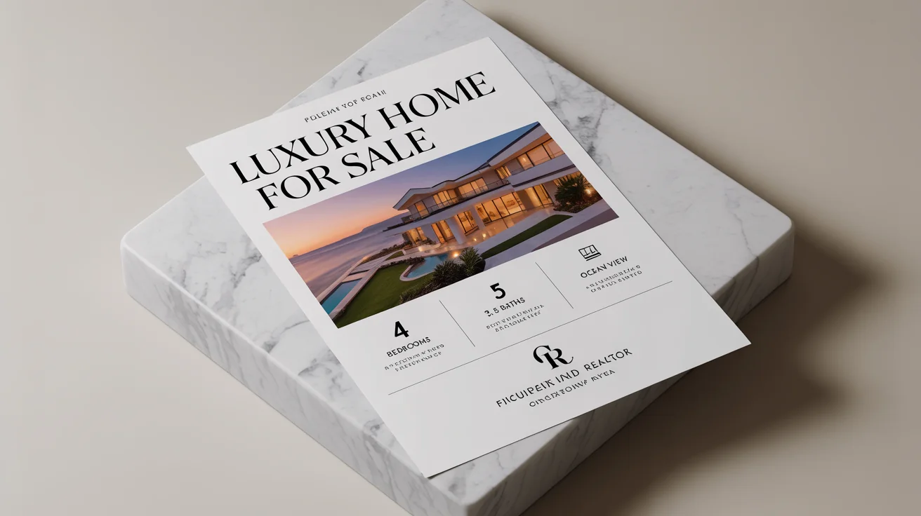 A professionally designed real estate flyer for a luxury modern home, showcased on a clean, white marble background.
