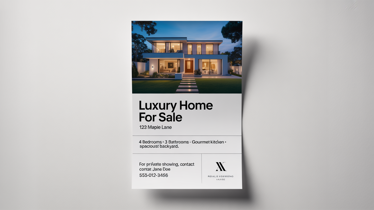 A professionally designed real estate flyer for a luxury modern home, displayed on a white background. The flyer features a picture of a house and text that reads 'LUXURY HOME FOR SALE'.