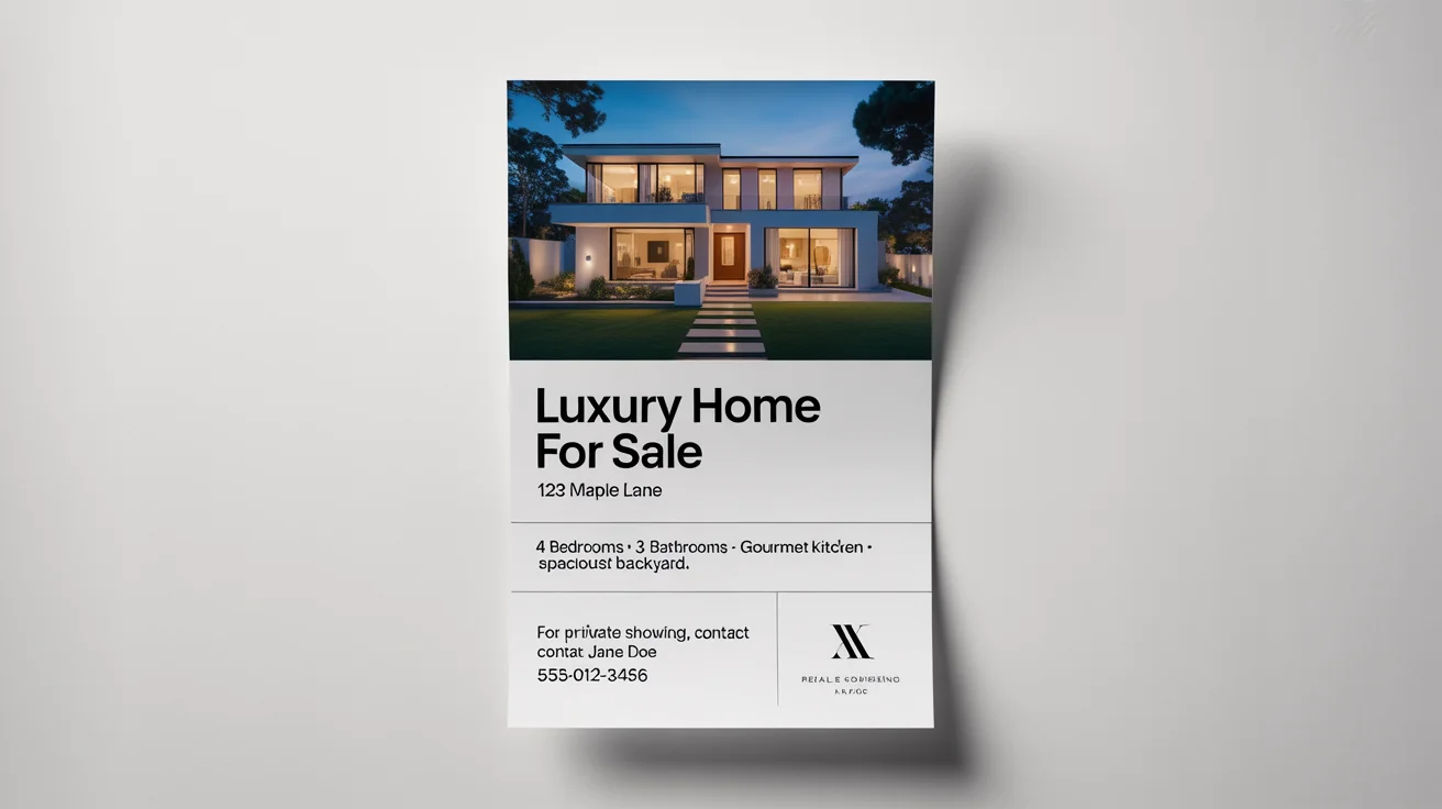 A professionally designed real estate flyer for a luxury modern home, displayed on a white background. The flyer features a picture of a house and text that reads 'LUXURY HOME FOR SALE'.