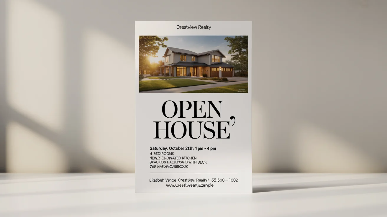 A mockup of a professional and modern real estate flyer for an open house, set against a white background. The flyer includes a picture of a house, event details, and realtor contact information.