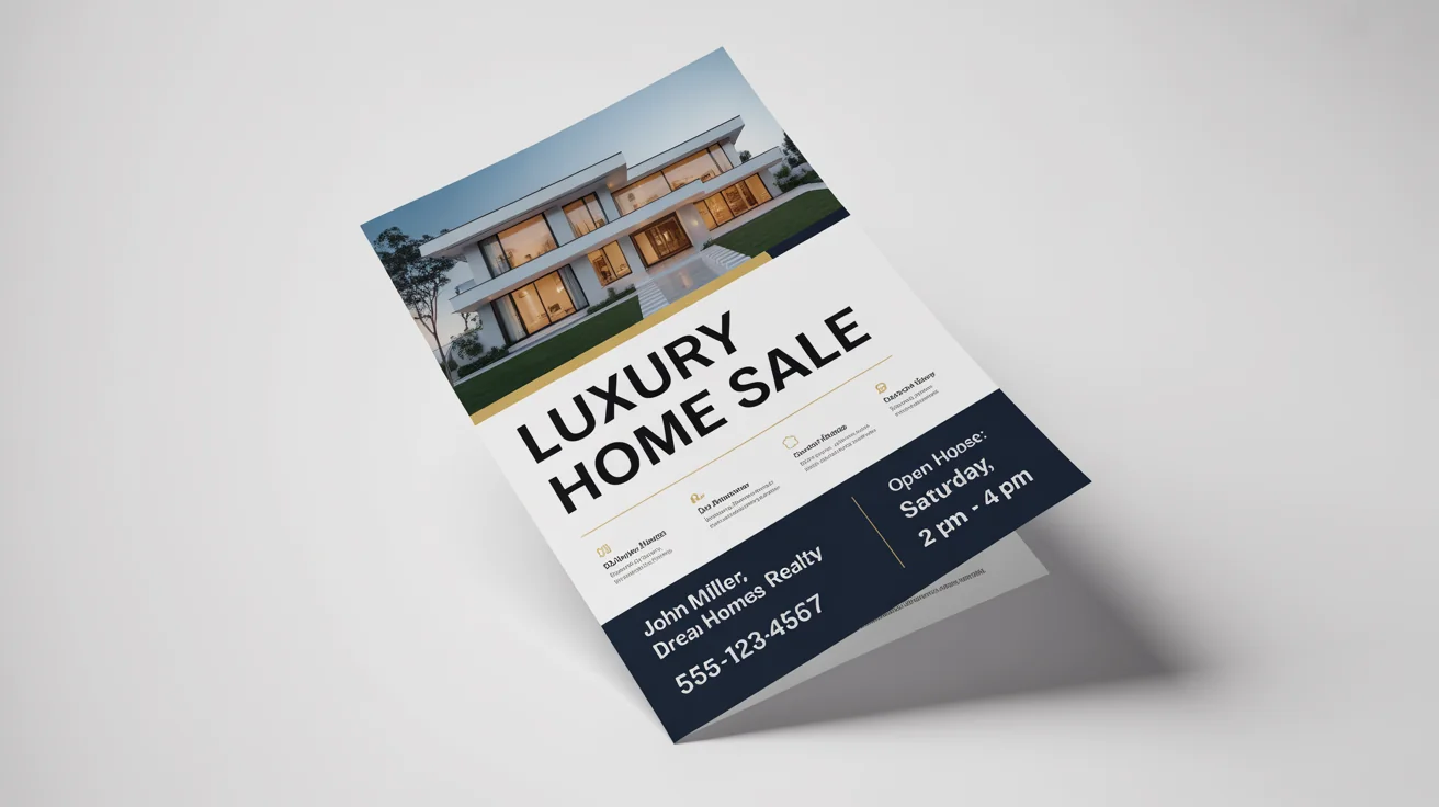 A professionally designed real estate flyer mockup for a luxury home, featuring a photo of a modern house, property details, and contact information for an open house.