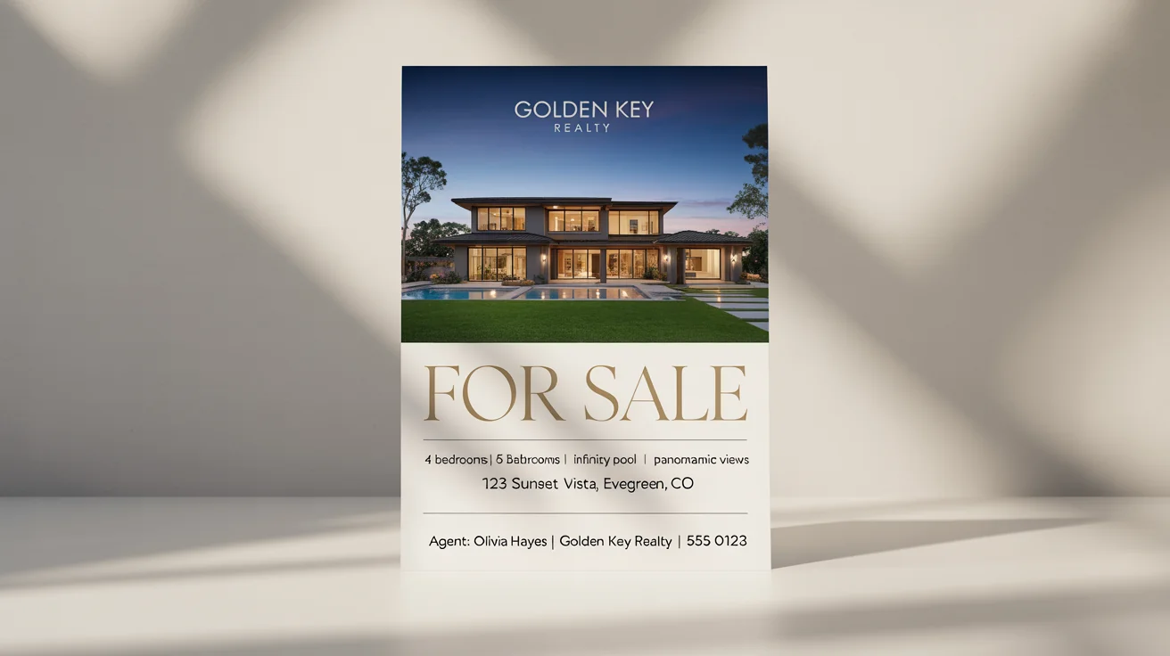 A professional real estate flyer for a luxury modern home, presented as a mockup on a white background. The flyer features a photo of the house, the headline 'FOR SALE', and fictional property and agent details.