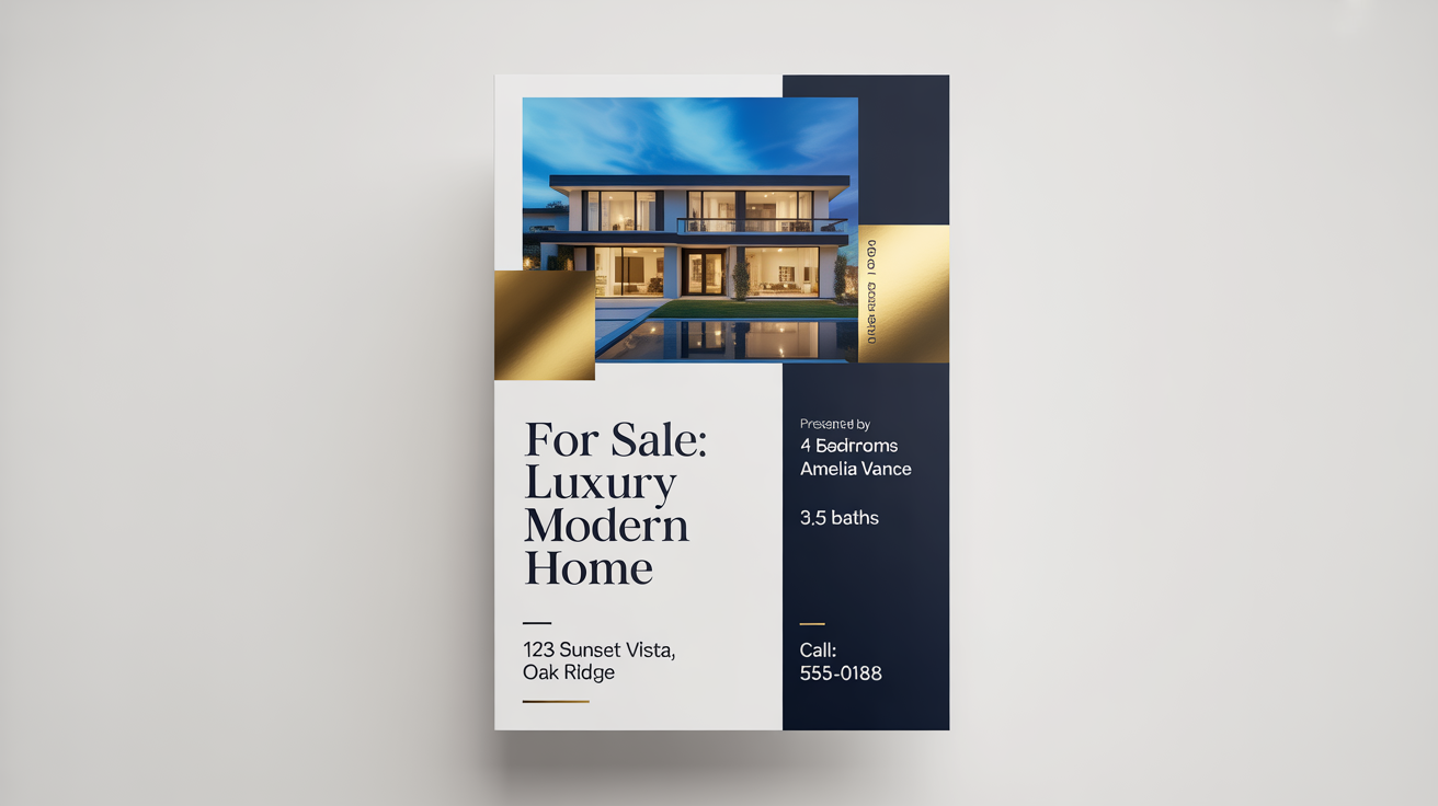 A modern real estate flyer mockup on a white background, advertising a luxury home for sale with a photo of the house and property details.