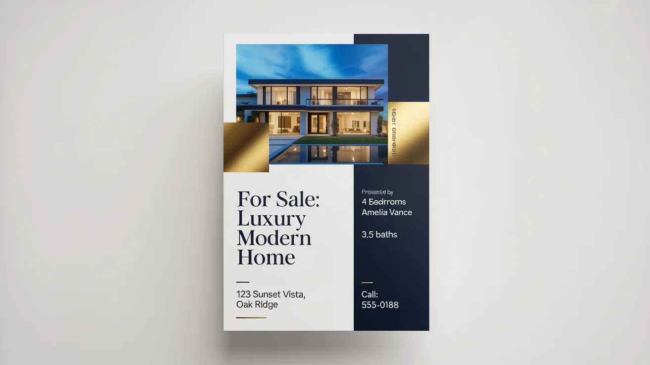 A modern real estate flyer mockup on a white background, advertising a luxury home for sale with a photo of the house and property details.