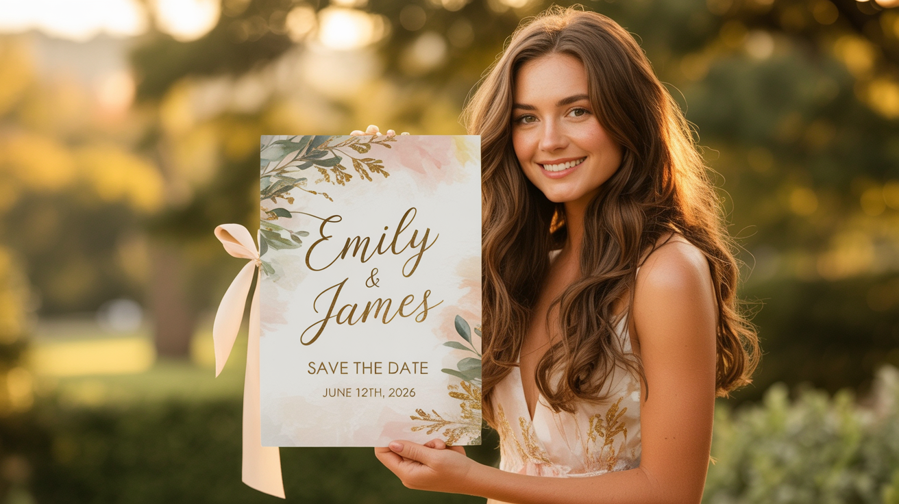 An elegant flat lay of a save the date card for 'Emily & James' dated June 12th, 2026. The card is on a marble surface next to an envelope and eucalyptus, presented as a professional mockup.