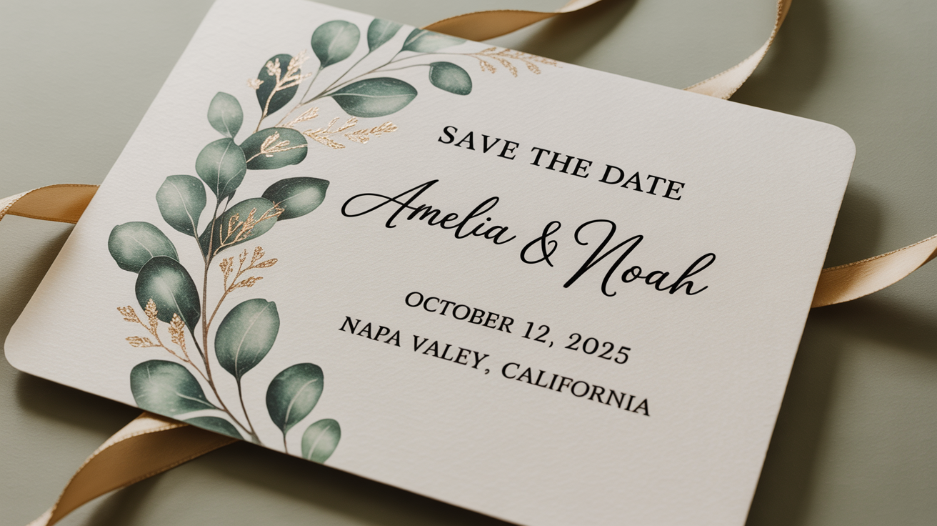 An elegant, minimalist save the date card mockup on a white background. The card announces the wedding of Amelia & Noah on October 12, 2025, in Napa Valley, and is decorated with a watercolor eucalyptus design and a gold ribbon.