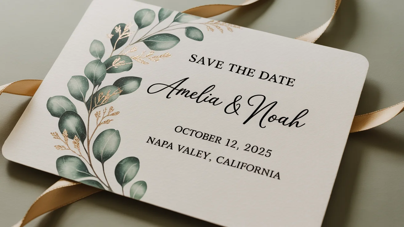 An elegant, minimalist save the date card mockup on a white background. The card announces the wedding of Amelia & Noah on October 12, 2025, in Napa Valley, and is decorated with a watercolor eucalyptus design and a gold ribbon.