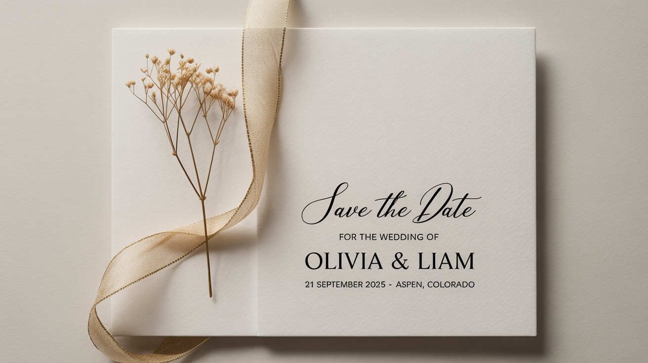An elegant 'Save the Date' card for the wedding of Olivia & Liam on September 21, 2025, in Aspen, Colorado. The card is displayed in a flat lay mockup on a white background with a sprig of baby's breath and a gold ribbon.