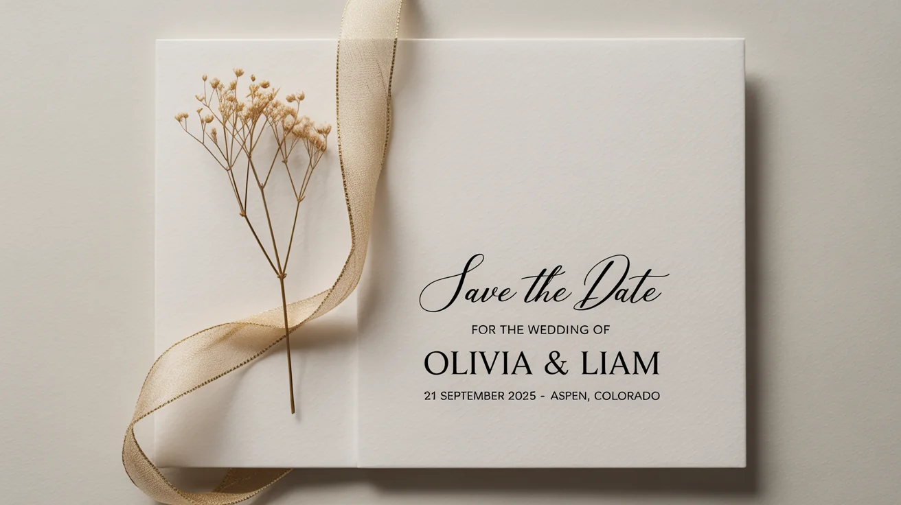 An elegant 'Save the Date' card for the wedding of Olivia & Liam on September 21, 2025, in Aspen, Colorado. The card is displayed in a flat lay mockup on a white background with a sprig of baby's breath and a gold ribbon.