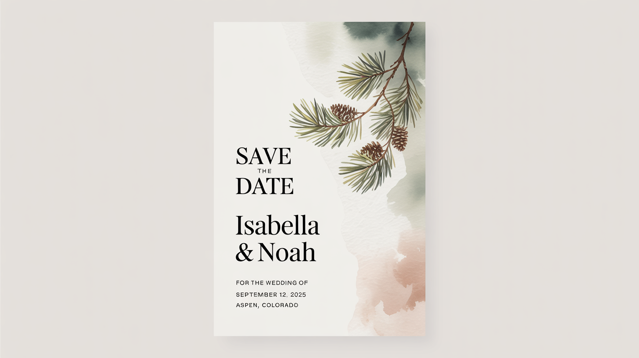 A modern and elegant 'Save the Date' card mockup for the wedding of Isabella & Noah, taking place on September 12, 2025, in Aspen, Colorado, displayed on a clean white background.