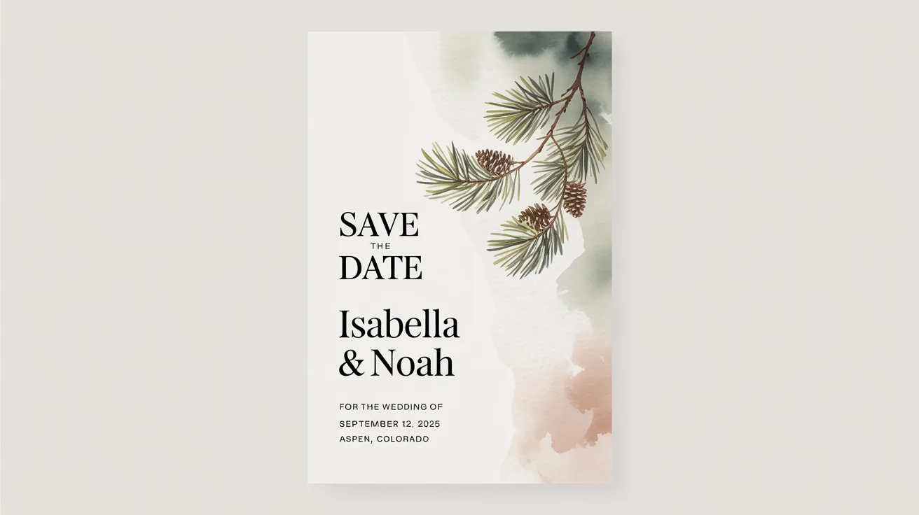 A modern and elegant 'Save the Date' card mockup for the wedding of Isabella & Noah, taking place on September 12, 2025, in Aspen, Colorado, displayed on a clean white background.